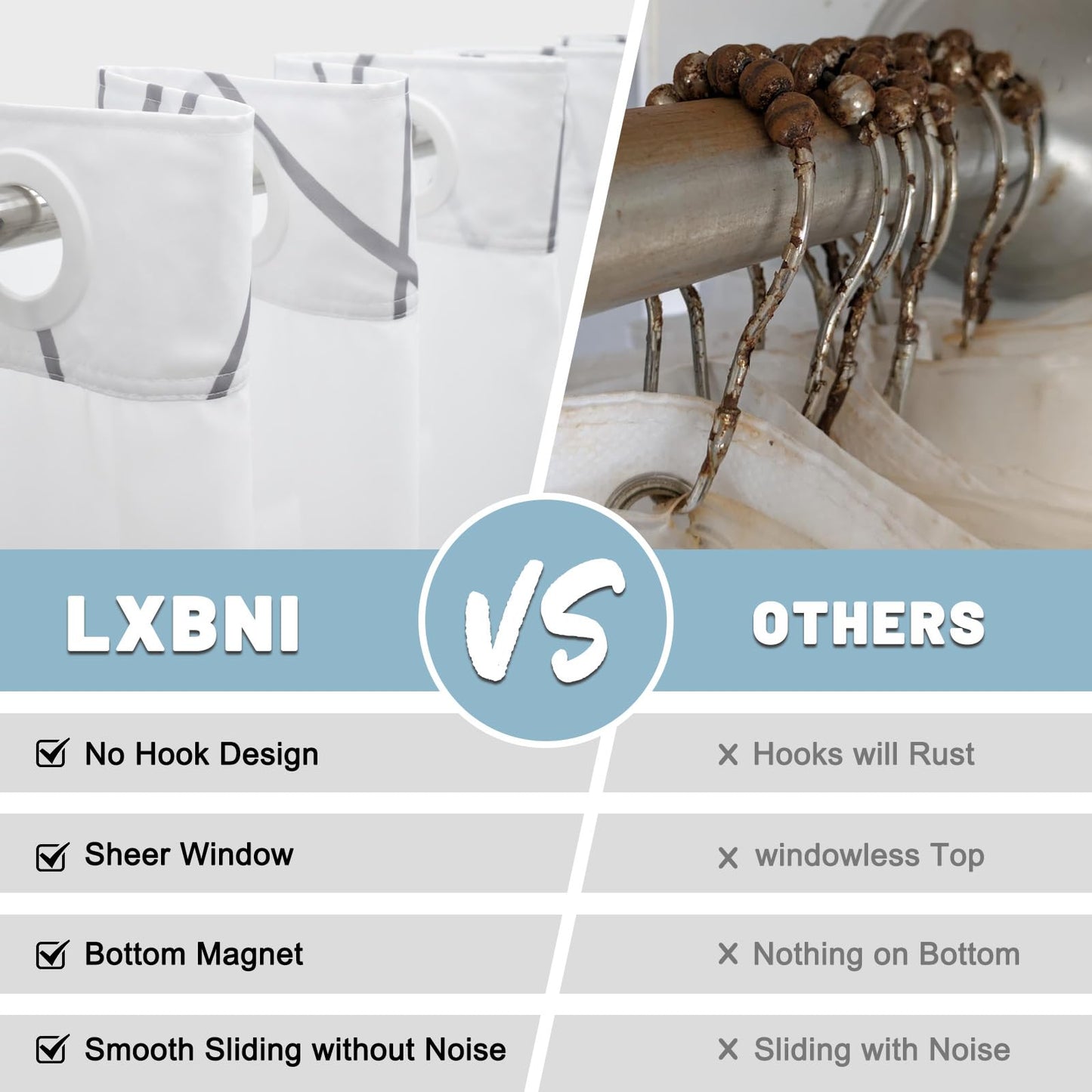 LXBNI No Hook Grey White Striped Shower Curtain with Snap in Fabric Liner Set - Hotel Liner Set with See Through Mesh Top Window,Machine Washable, 71x74 INCH