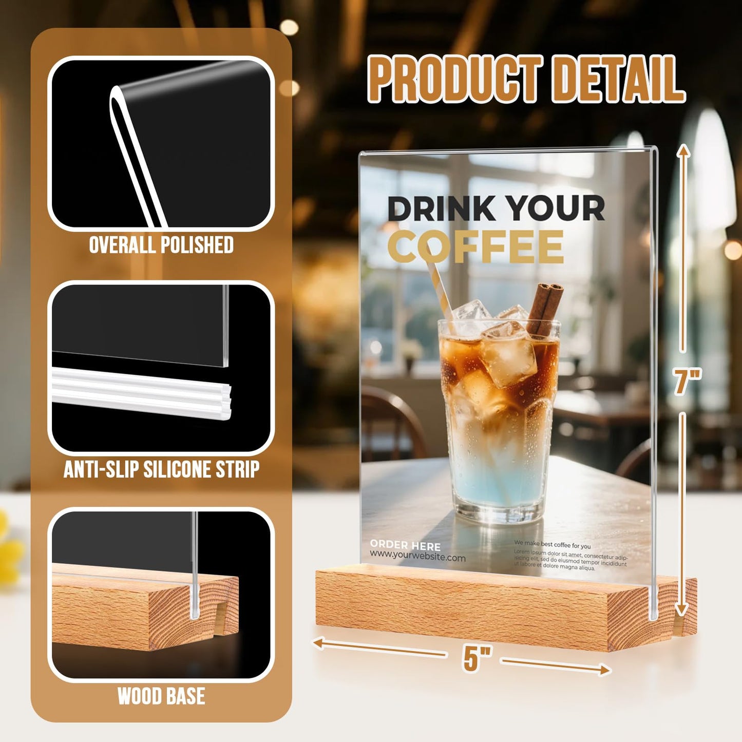 EthPul 16 Pack 5x7 Acrylic Sign Holder with Wood Base Vertical and Slant Displays, Clear Plastic Flyer Display Stand, Paper photo Table Menu Sign Frame Suitable for Restaurants, Office, Store, Hotels