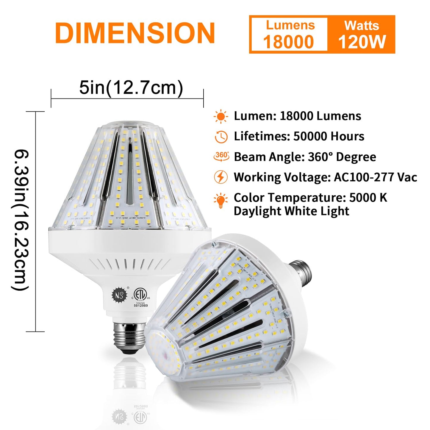 1200W Equivalent Led Corn light bulbs,120W 18000 Lumens LED Corn Bulb 5000K Daylight White Lamp,E26 Medium/E39 Mogul Base,2-Pack Large Area Lights For Outdoor Indoor Garage Warehouse High Bay Lighting