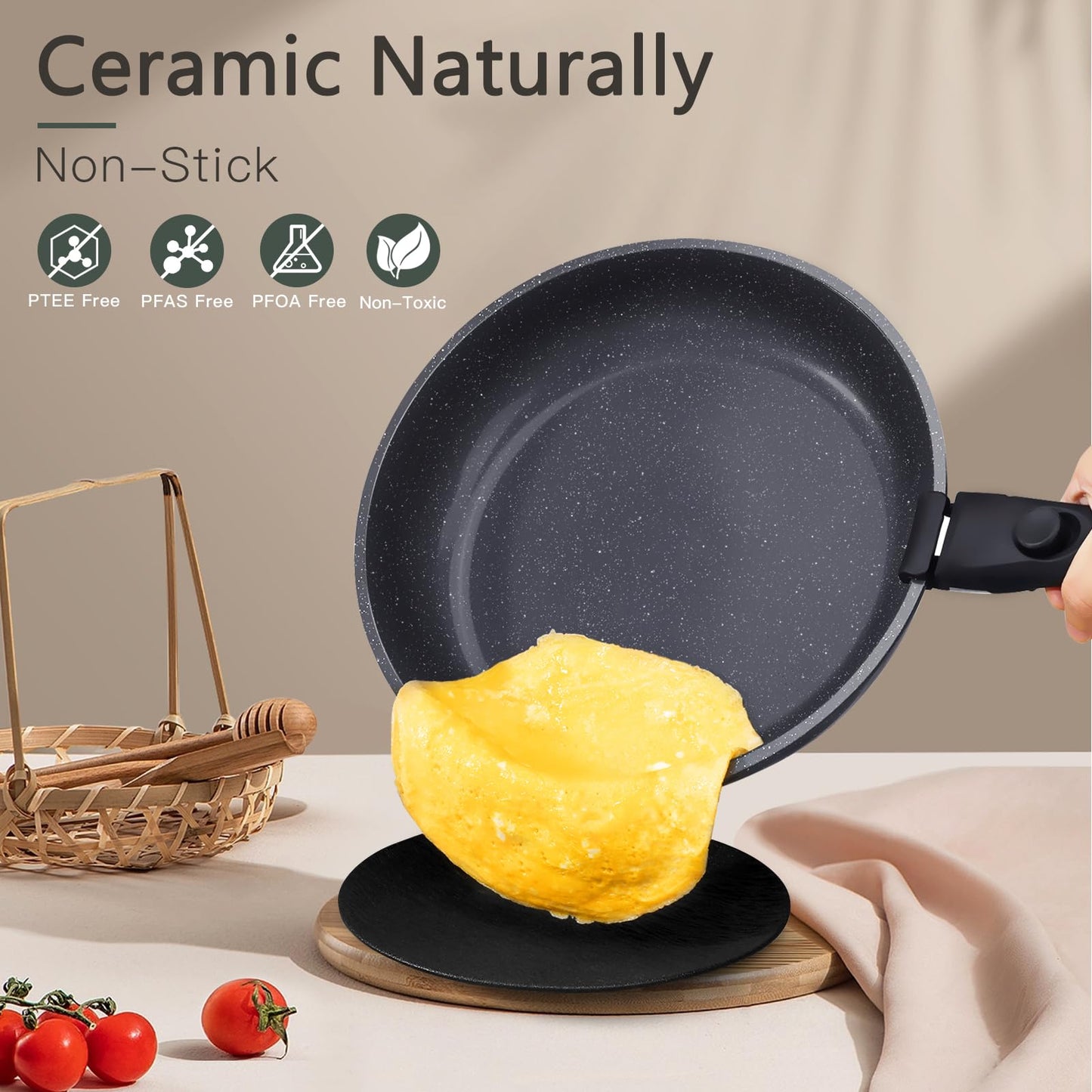 GiPP Ceramic Pots and Pans Set Non Stick, 11 Piece Nonstick Detachable Handle Cookware Sets, Non Toxic Induction Kitchen Pot and Pan with Removable Handle, Healthy RV Cookware, Dishwasher ＆Oven Safe