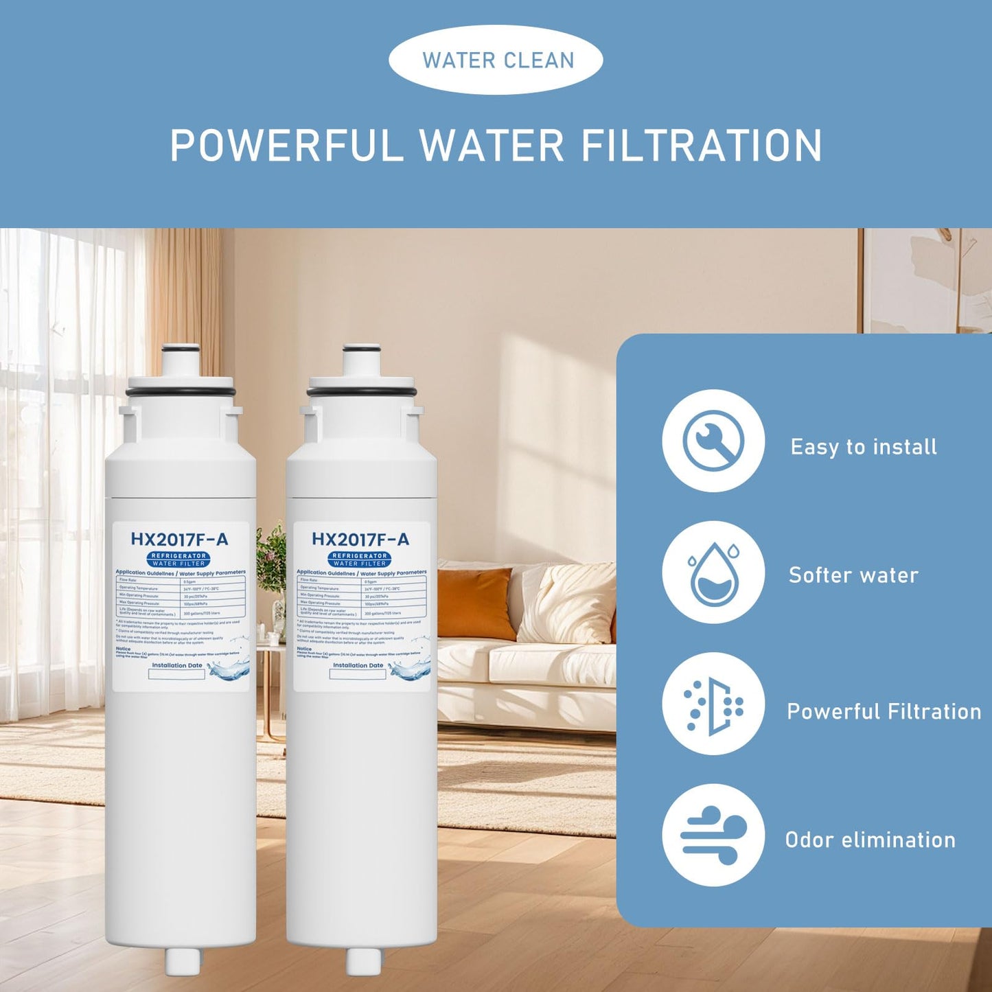 HX2017FR-A Water Filter Cartridge Compatible with Hisense HRF266N6CSE1, HRF266N6CSE, HRF209N6CSE, HRF254N6TSE, HRF254N6DSE Twist-In Models, 2 Pack