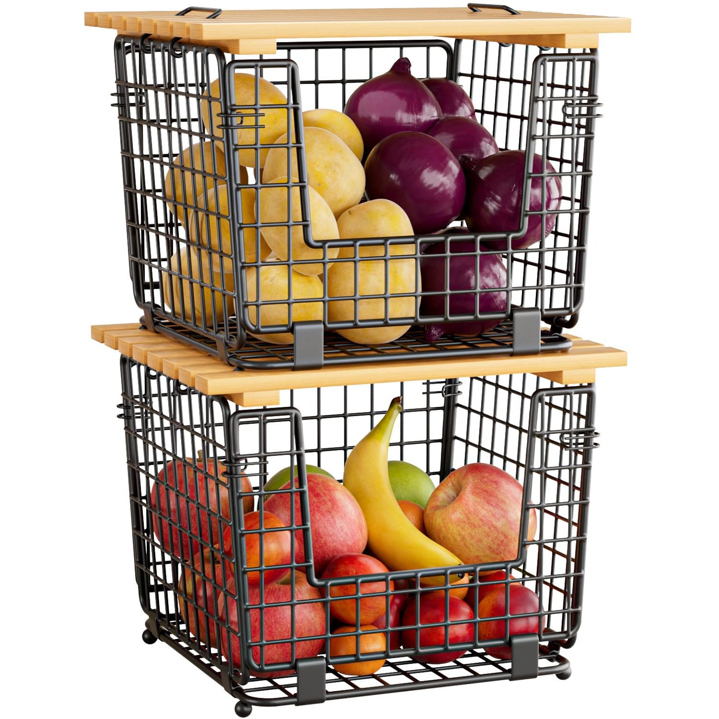 Wire Storage Basket for Kitchen Pantry: GGIU Stackable Kitchen Counter Organizers - Wire Organizing Bin for Produce Fruit Vegetable Potato and Onion Black