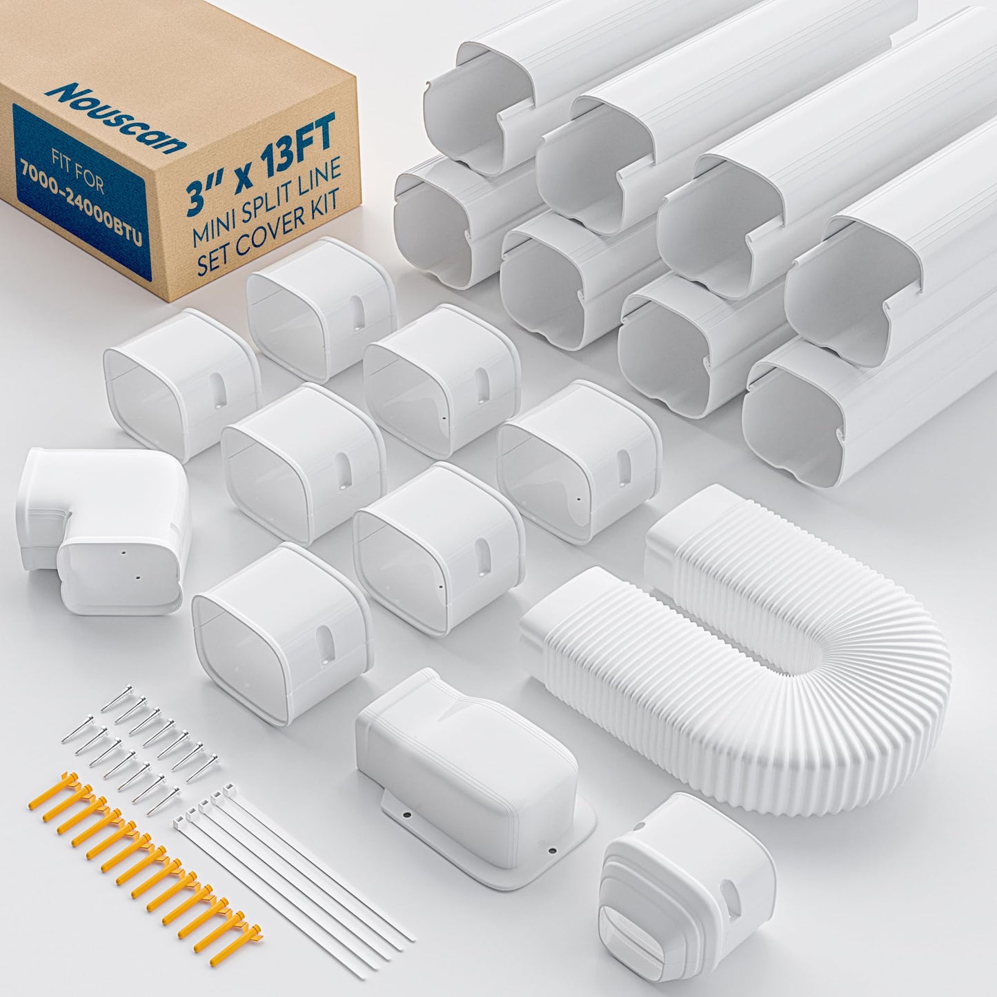 Nouscan 3" 13Ft Mini Split Line Set Cover with Flexible Duct, Upgrade PP Decorative Minisplit Lineset Cover Kit, Paintable for Mini Split, Air Conditioner, Central AC, HVAC and Heat Pumps, White