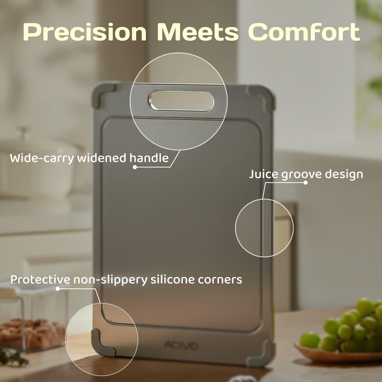 Adivo 100% Pure Titanium Cutting Board for Kitchen, Double-Sided Titanium Cutting Board with Juice Groove, Easy to Clean Metal Chopping Board for Meat Vegetables Fruit, Dishwasher Safe (15.3x11) Large