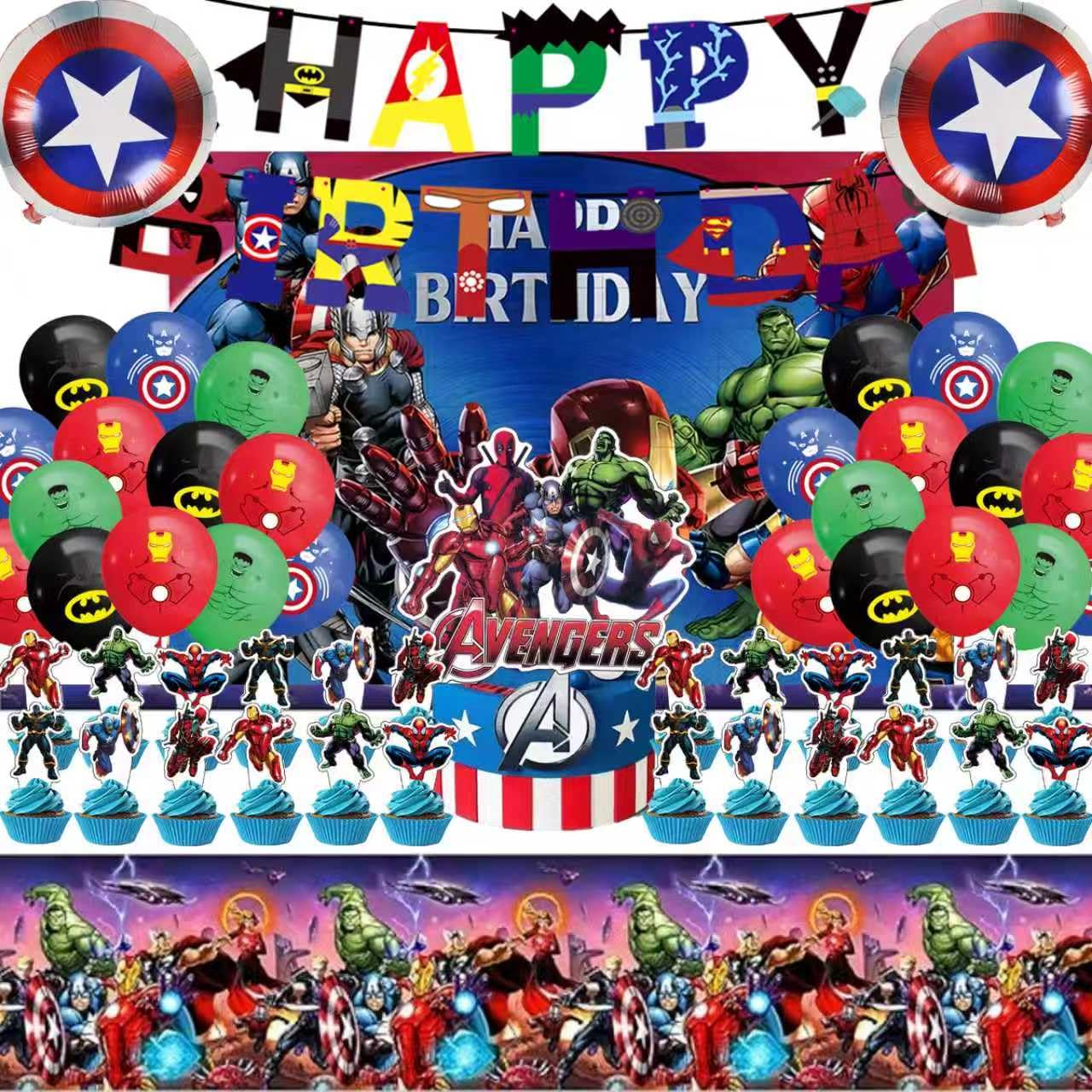46Pcs superhero Birthday Party Supplies, Avengers Party Decorations Set Include Banner, Backdrop, Balloons, Hanging Swirls, Cake Cupcake Toppers, Tablecloth for Boys Girls Avengers Theme Party