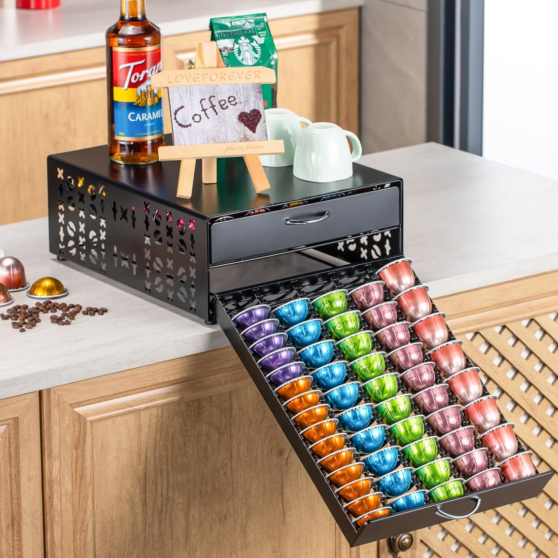 FlagShip for Vertuo Pod Holder Coffee Pod Storage for Nespresso Pod Organizer Large Capacity Fits All Size Vertuo Pods 2 Tier Drawer