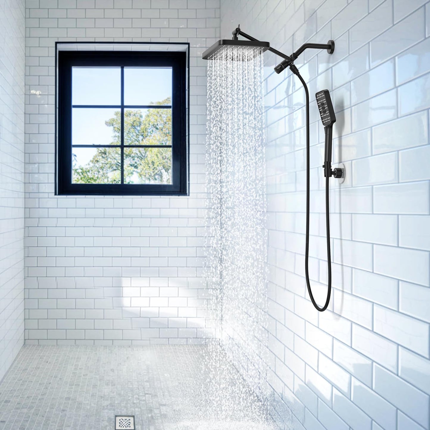 Rain Shower Head with Handheld Spray Combo Set, Adjustable 12" Rainfall Dual Shower Head, Double&Tandem Shower Head, Waterfall Showerhead Bathroom -Matte Black