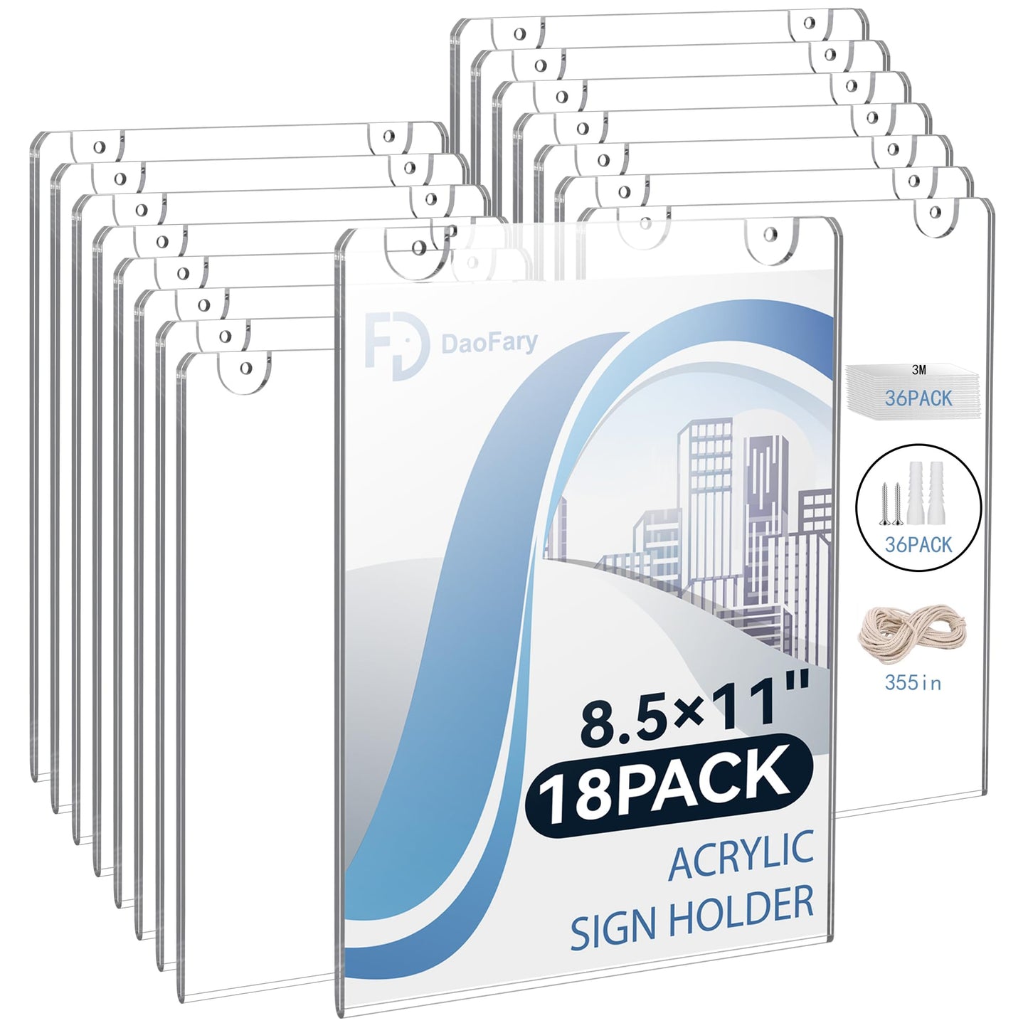 Daofary Acrylic Sign Holder 8.5 x 11 Wall Mount, 18 Pack Clear Acrylic Wall Picture Frame with Double-Side Tape, Document Paper Poster Display for Office, Store, Restaurant (Adhesive Tape, Screws & Hanging Rope Included)