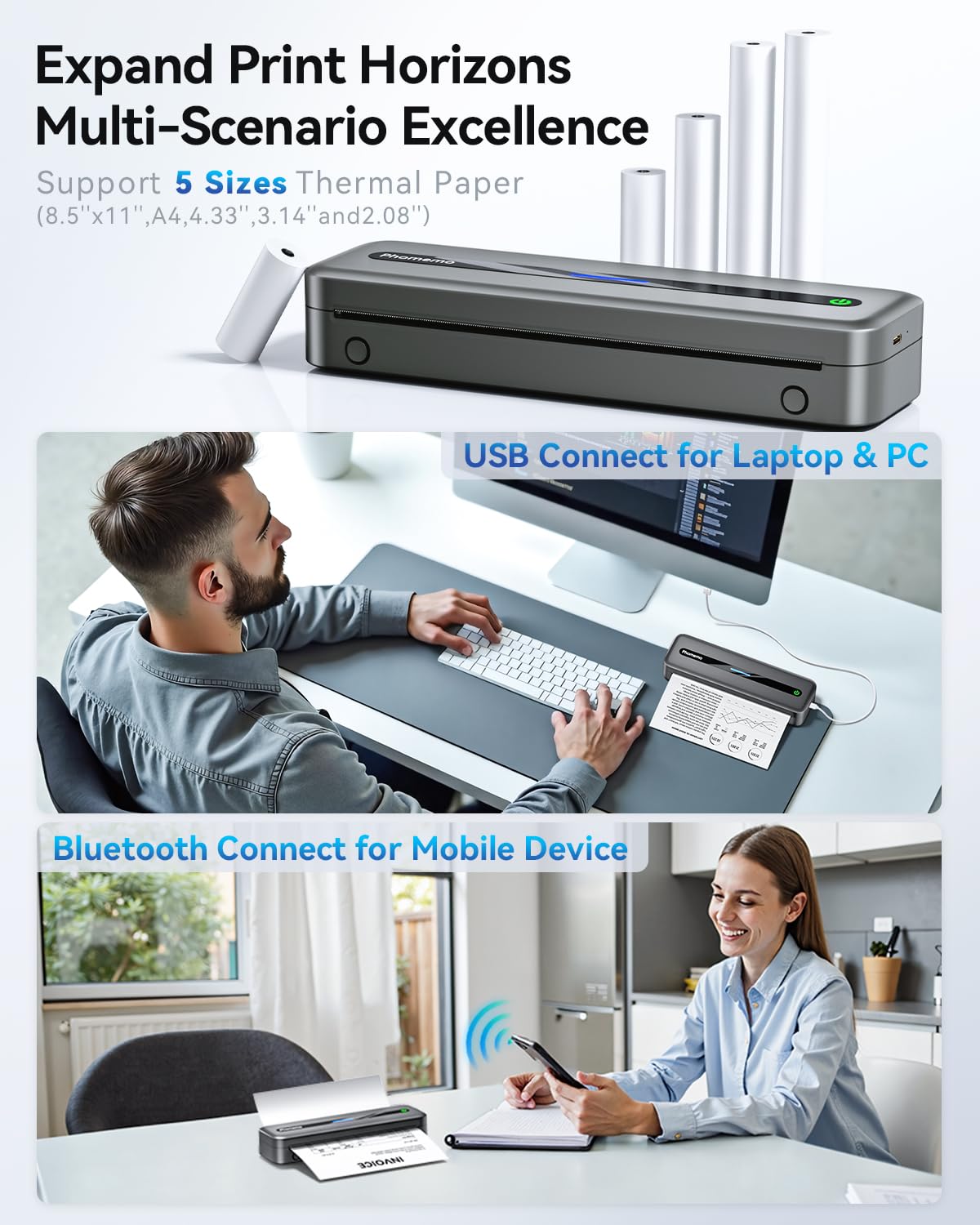 Phomemo Portbale Printers Wireless for Travel, M832 Bluetooth Thermal Printer 8.5'' x 11'', Comaptible with Android & iOS Phone and Laptop, Small Mobile Printer for Office School Home Use