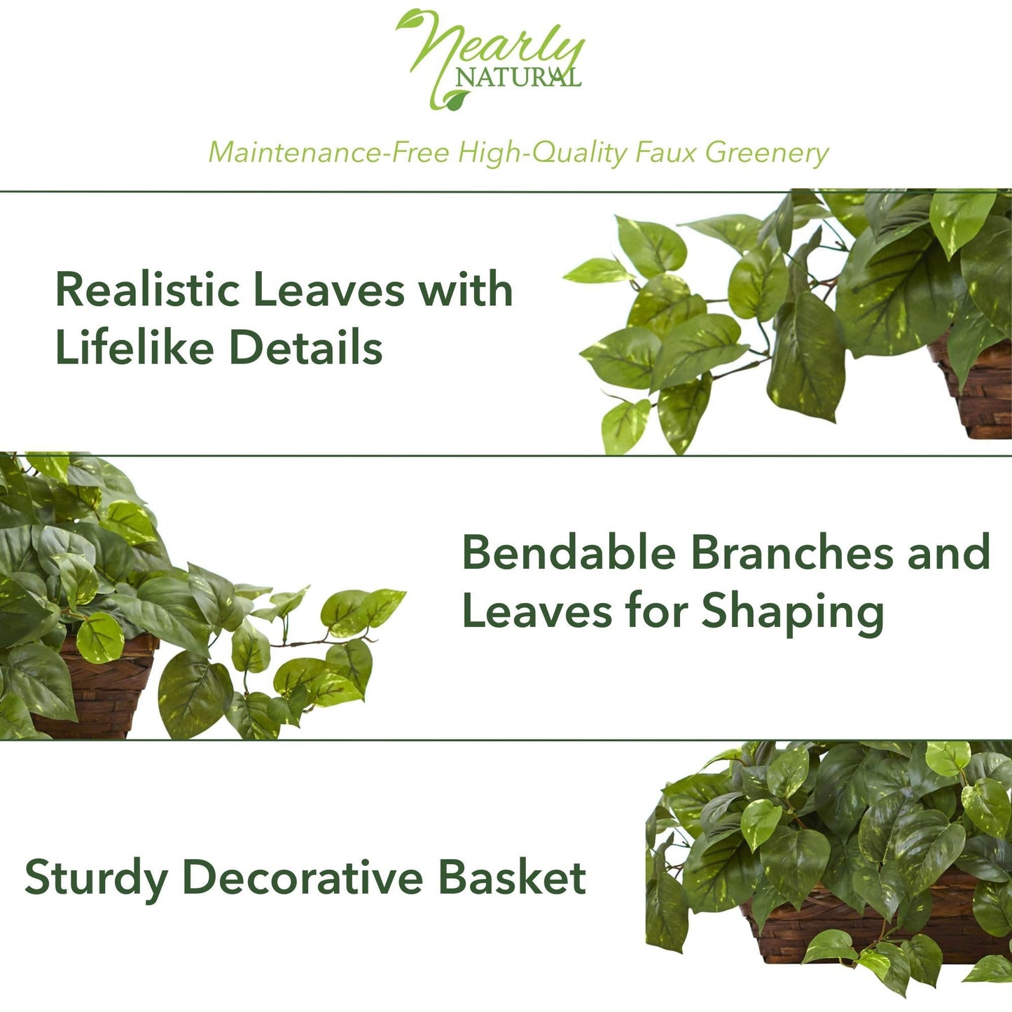 Nearly Natural 34in Artificial Pothos Ivy Plant with Ledge Basket Faux Trailing Cascading Greenery for Indoor Home Decor