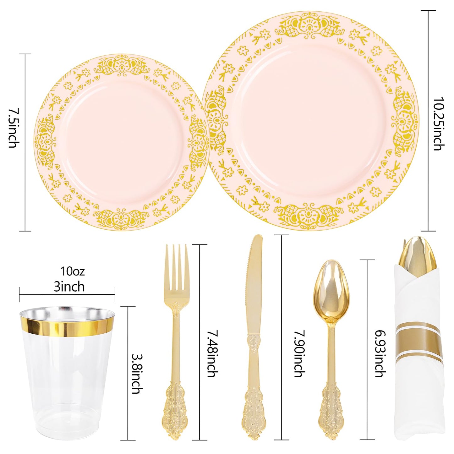 GATHER 350PCS Pink and Gold Plastic Plates - Gold Disposable Dinnerware Set Include 50 Dinner Plates, 50 Dessert Plates, 150 Plastic Silverware, 50 Napkins, 50 Cups for Wedding