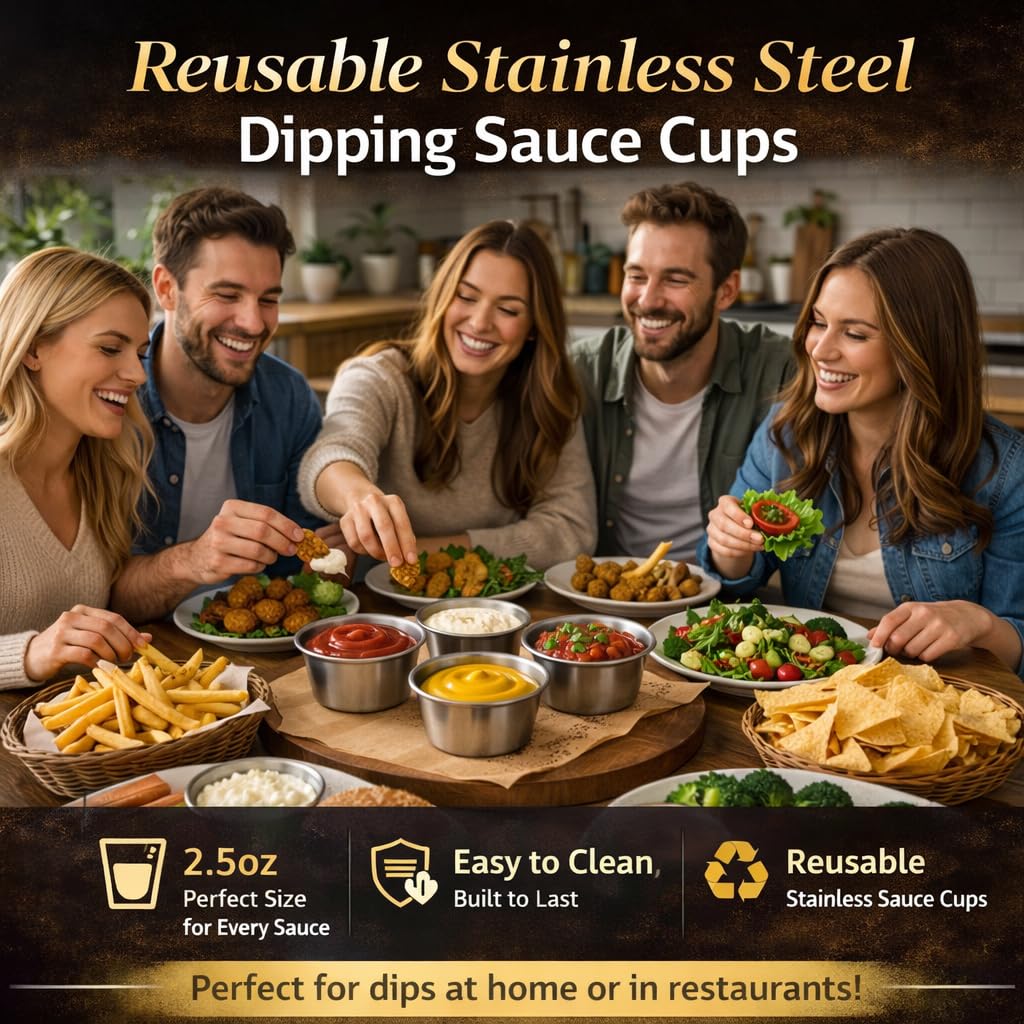 100Pcs Stainless Steel Dipping Sauce Cups, 2.5oz Metal ramekins,Reusable Metal Sauce Cups Stainless Steel Condiment Cups Small Dipping Bowls Round Individual Portion Cups for Home, Restaurant (100)