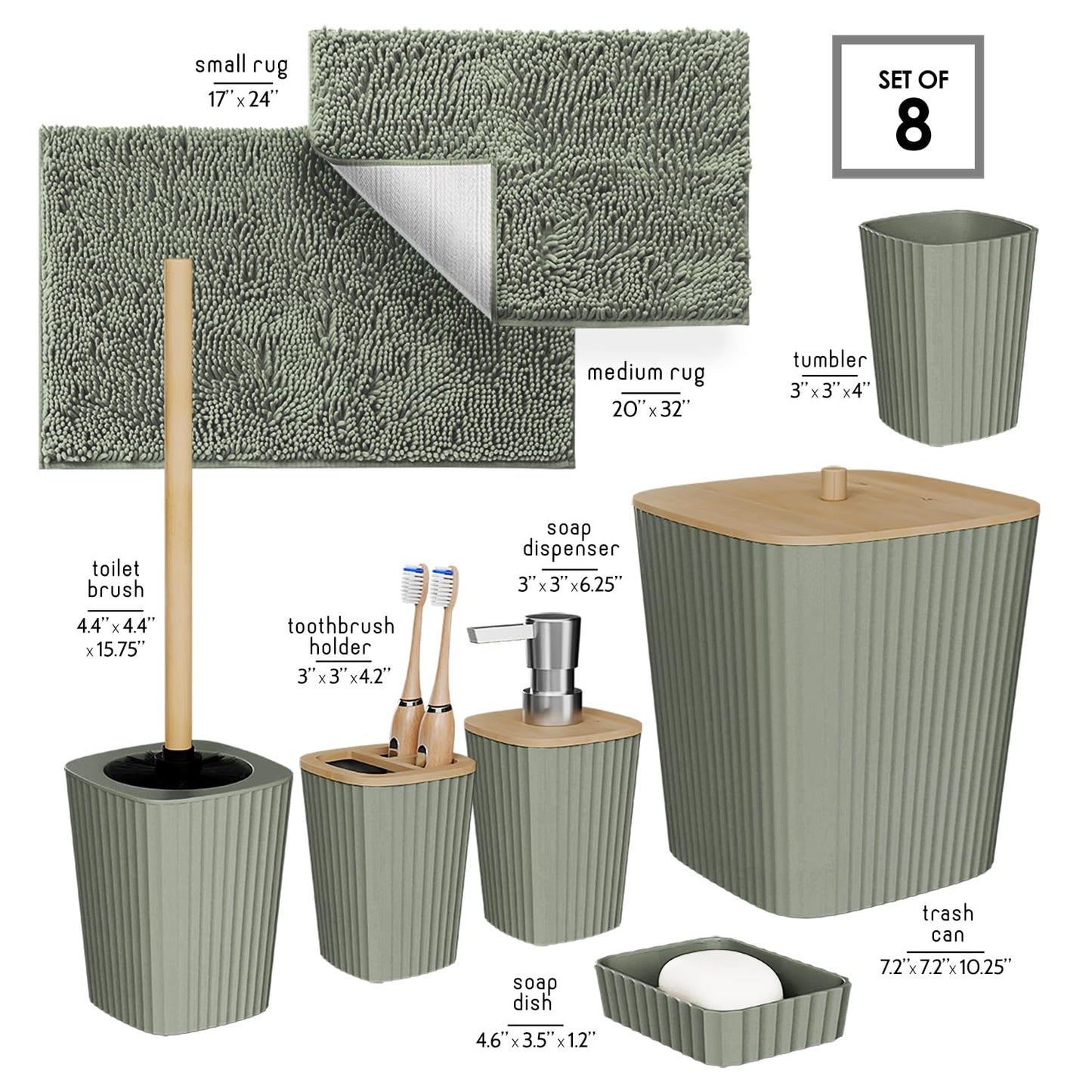 Clara Clark Bathroom Set - Sage Green Bathroom Accessories Set, 6PC Bathroom Accessory Set, Bathroom Sets with Bathroom Rugs, Toilet Brush, Trash Can & Soap Dispenser