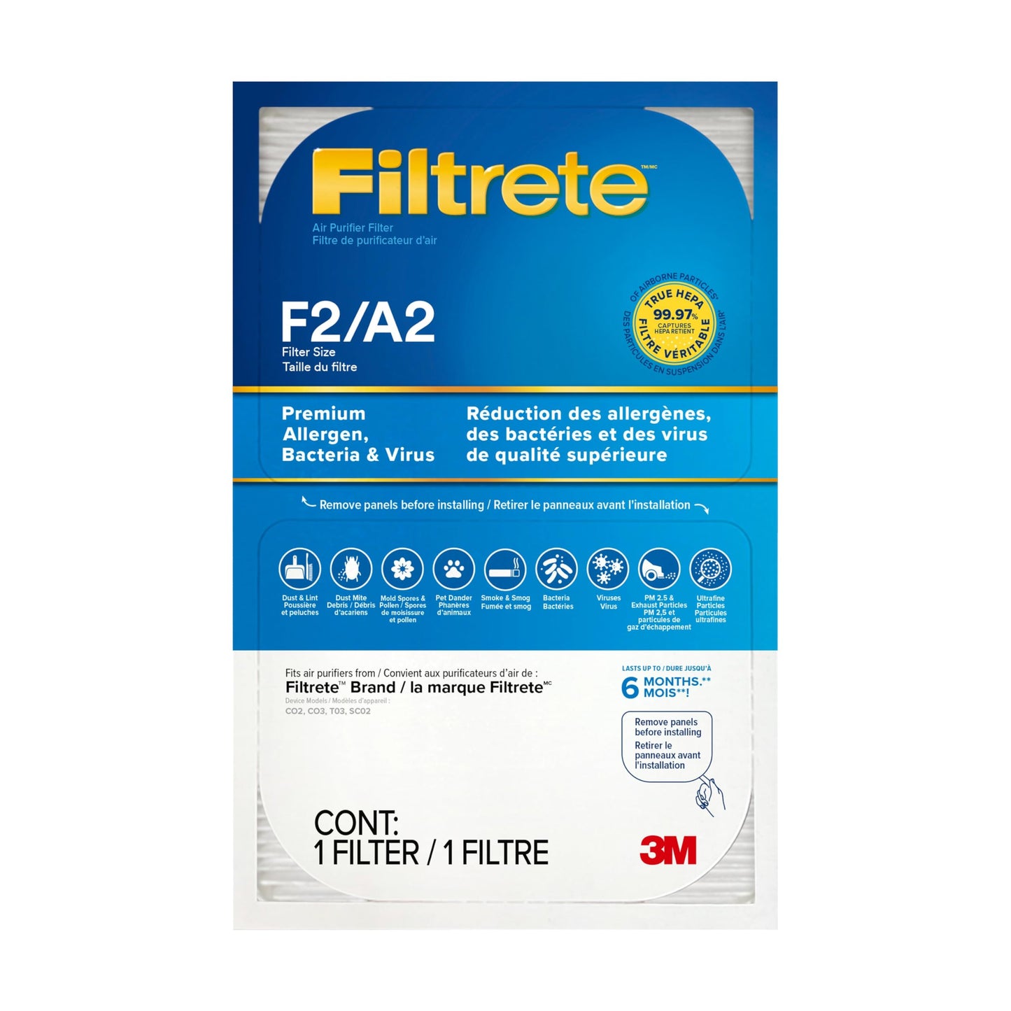 Filtrete F2 Room Air Purifier Filter, True HEPA Premium Allergen, Bacteria, and Virus, 13 in. x 8.2 in., 2-Pack, works with devices: FAP-C02, FAP-C03, FAP-SC02, and FAP-T03
