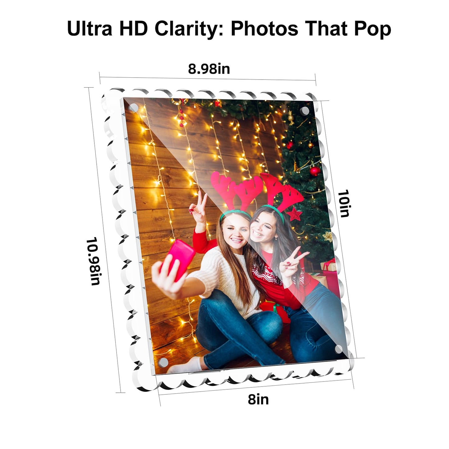 HELPLEX 8x10 Clear Acrylic Picture Frames with Scalloped Edges, 3-Pack Magnetic Frame with Stand for Horizontal or Vertical Display, Tabletop or Desk Photo Holder