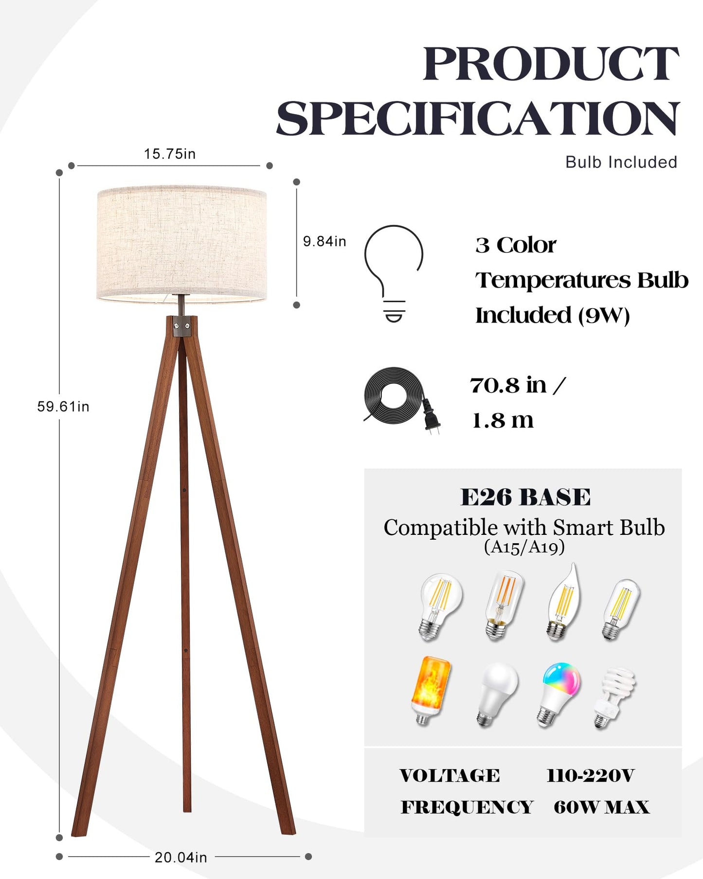 ELYONA Solid Wood Tripod Floor Lamp with 3 Color Temperatures LED Bulb, Mid Century Modern Reading Standing Light Nature Linen Shade Tall Night Light for Bedroom Living Room Office Study Room, Brown