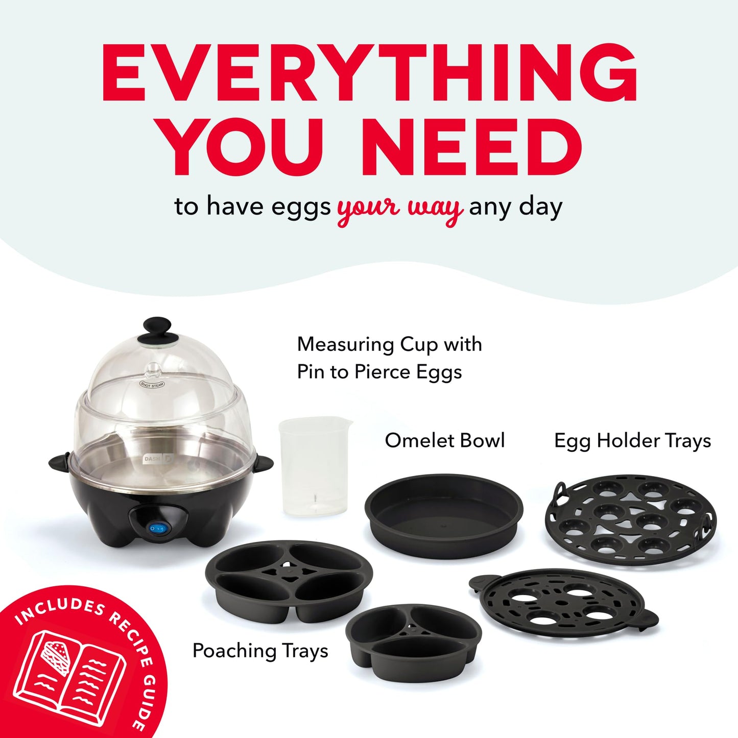 Dash Deluxe Egg Cooker - Boiler, Poacher & Steamer - Includes Measuring & Recipe Guide - Dishwasher Safe - BPA Free - Holds 12 Eggs, Black