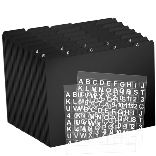 50 Pcs Tab File Guides Set with 2 Pcs Self Adhesive Alphabet Mailbox Numbers Sticker Alphabetical File Dividers Index Card Dividers with Tabs for Office Classroom, 11.7 x 10 Inches (Black)