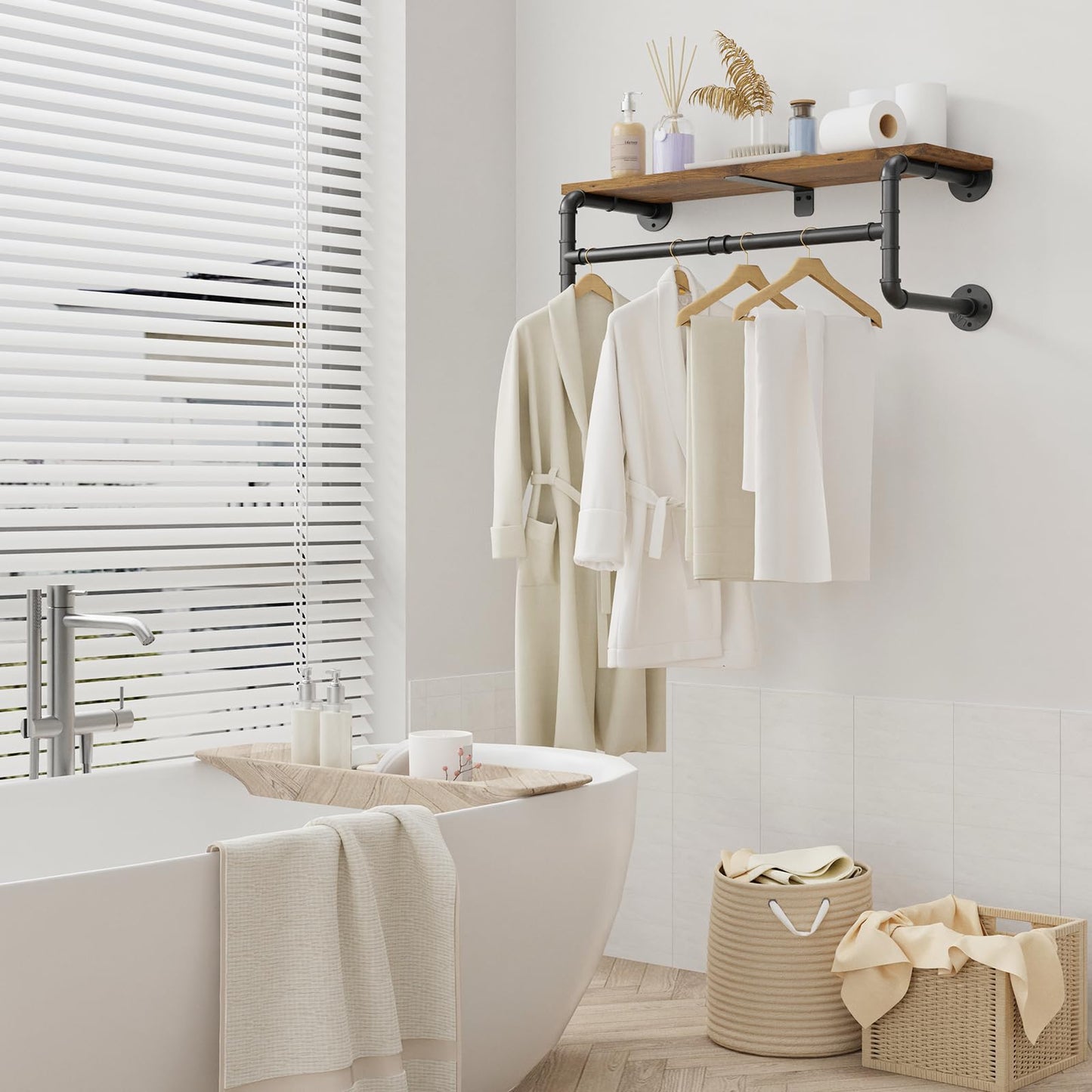Yawinhe Industrial Pipe Clothes Rack with Top Shelf, Wall Mounted, Space Saving Hanger with 4 Bases, for Shops, Homes, 27.5''Lx10.2''Wx10.2''H, Rustic Brown, 1-Pack