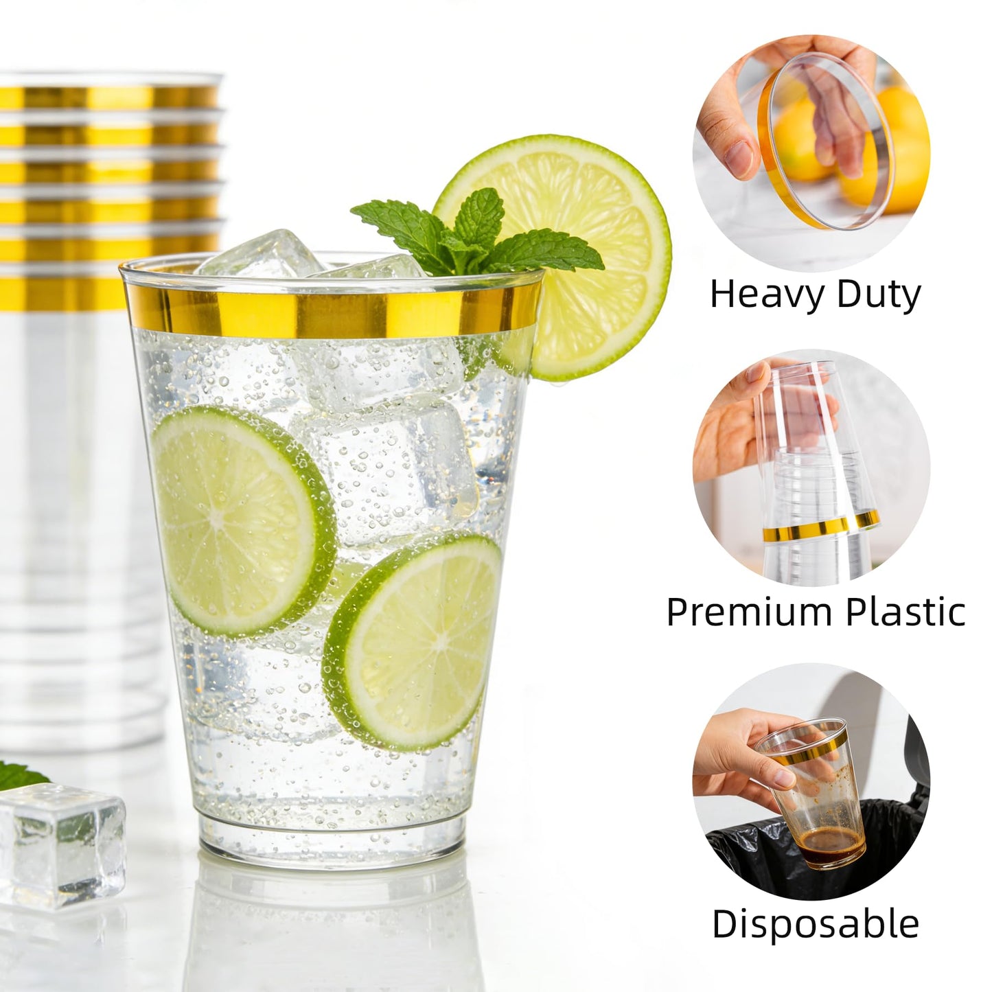 Ciselure 200 Pack Gold Plastic Cups, 12 Oz Clear Disposable Cups with Gold Rim, Heavy Duty Cups for Party, Wedding and Daily Use