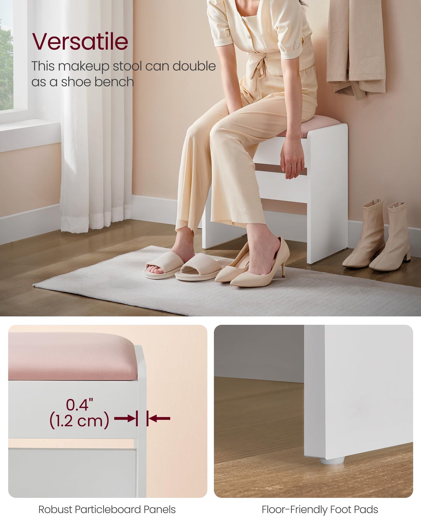 VASAGLE Kailyn Collection - Velvet Vanity Stool, Upholstered Makeup Stool, Footrest with Anti-Slip Pads, for Makeup Room, Bedroom, Entryway, Matte White and Jelly Pink URDS001W01S