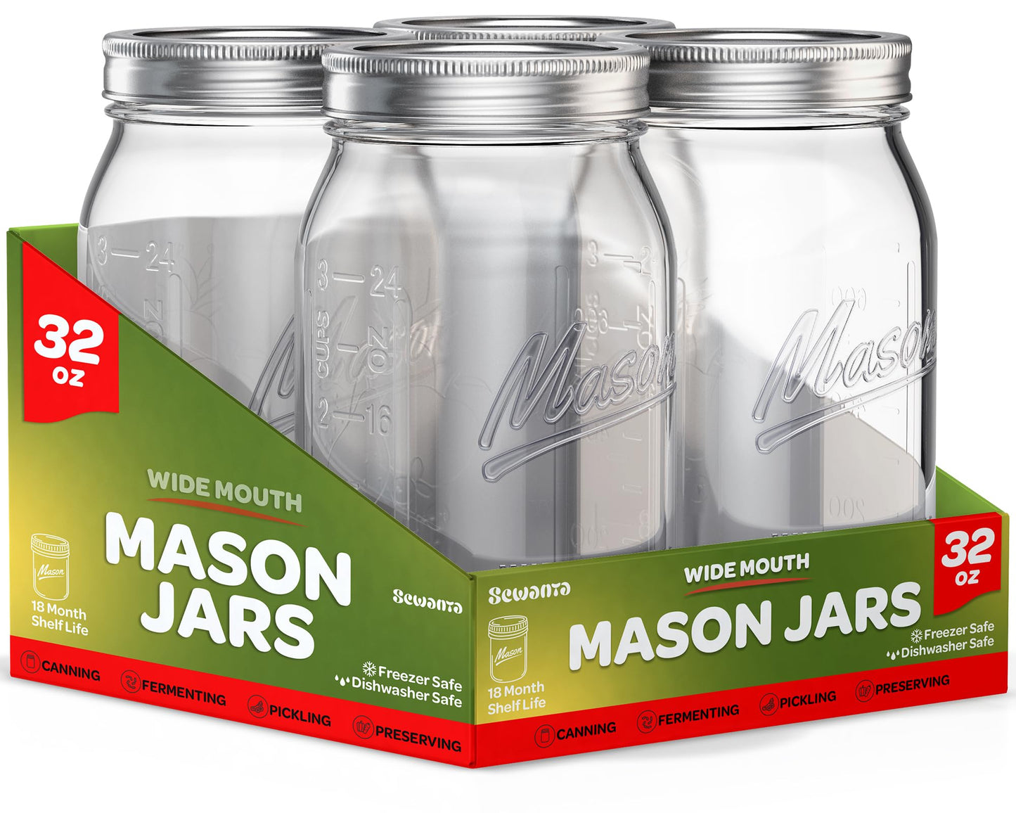 SEWANTA Wide Mouth Mason Jars 32 oz [4 Pack] With Mason Jar Lids and Bands, Mason Jars 32 oz - For Canning, Fermenting, Pickling - Jar Decor - Microwave/Dishwasher Safe.