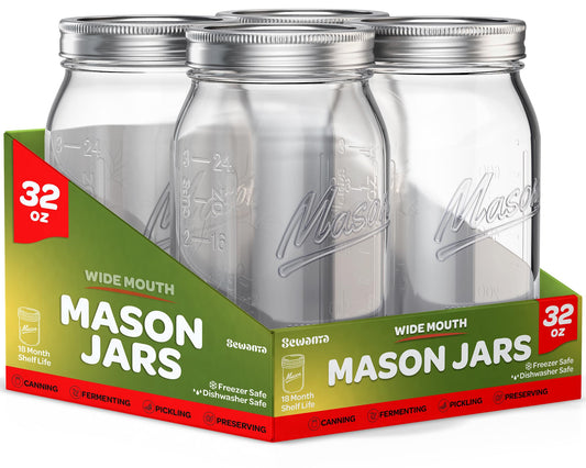 SEWANTA Wide Mouth Mason Jars 32 oz [4 Pack] With Mason Jar Lids and Bands, Mason Jars 32 oz - For Canning, Fermenting, Pickling - Jar Decor - Microwave/Dishwasher Safe.