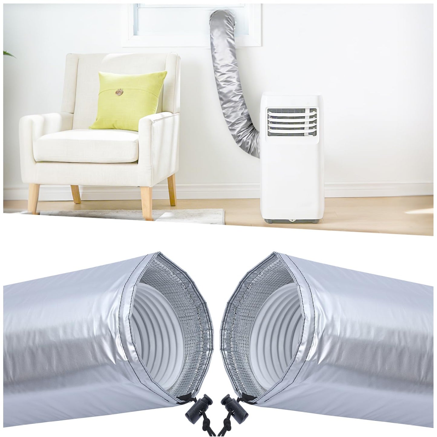 2PCS Portable AC Hose Insulation Sleeve,Upgraded 4-Layer Aluminum Foil Insulated Air Conditioner Hose Cover for 5"&5.9" Exhaust Hose, Adjustable Length with Elastic Drawstrings, Energy Saving
