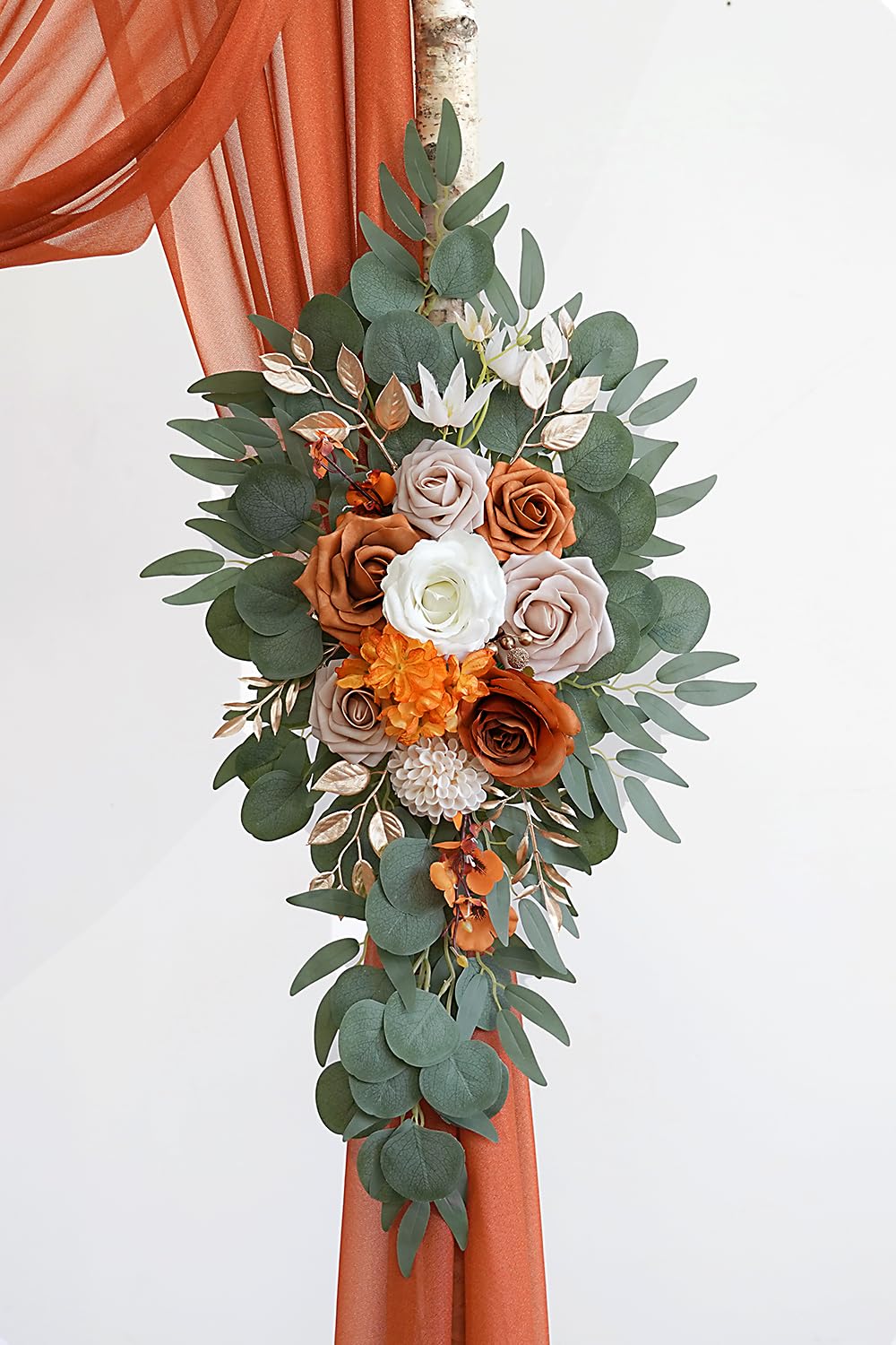 Olalaka Burnt Orange Artificial Wedding Arch Flowers Kit (Pack of 3) with 26Ft Terracotta Shiny Arch Draping Fabric for DIY Wedding Party Ceremony Reception Backdrop Floral Decoration