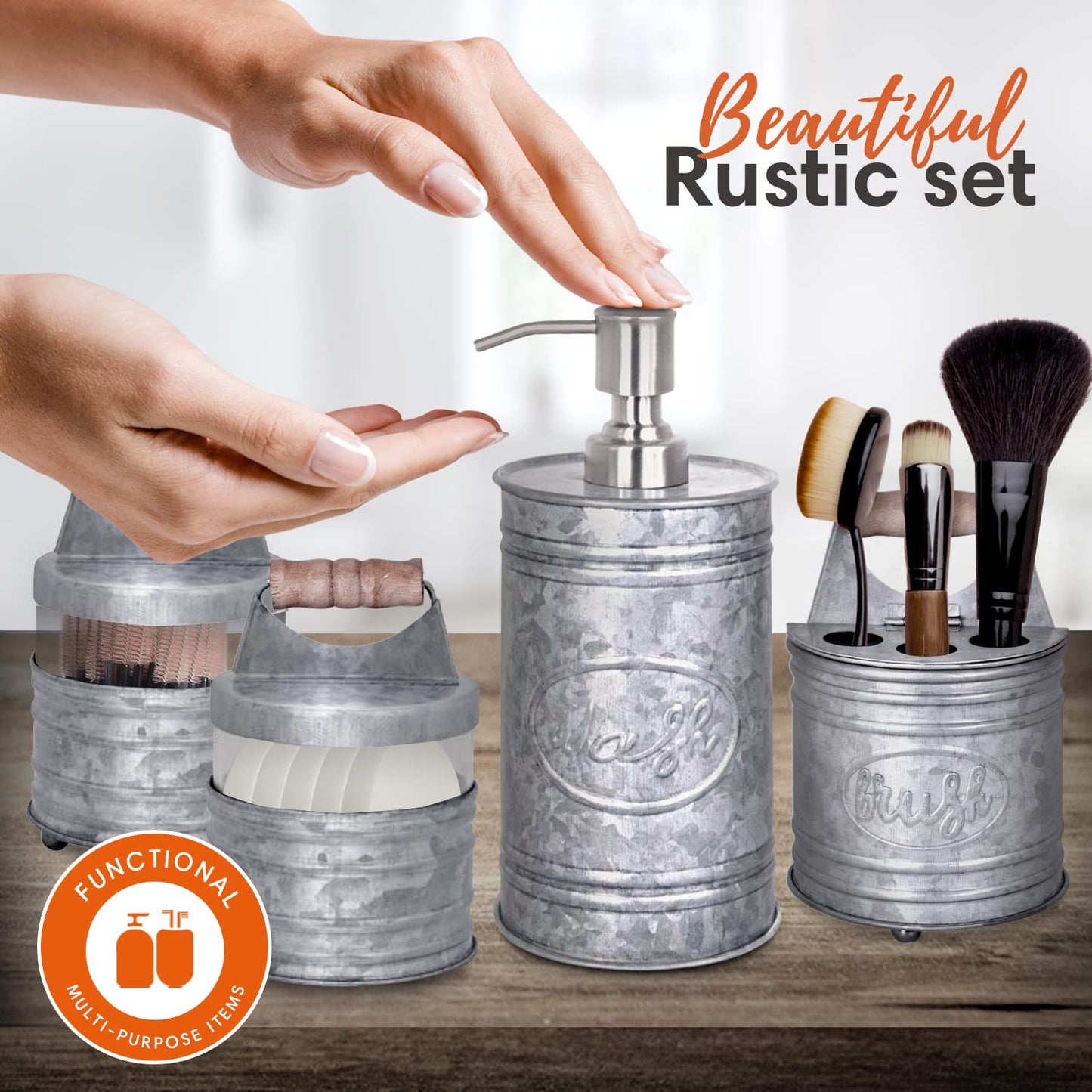 Autumn Alley Rustic Bathroom Accessories Set 4 - Galvanized Soap Dispenser, Rustic Toothbrush Holder, 2 Apothecary Jars Qtip Holder - Western Bathroom Decor – Farmhouse Bathroom Decor Accessories