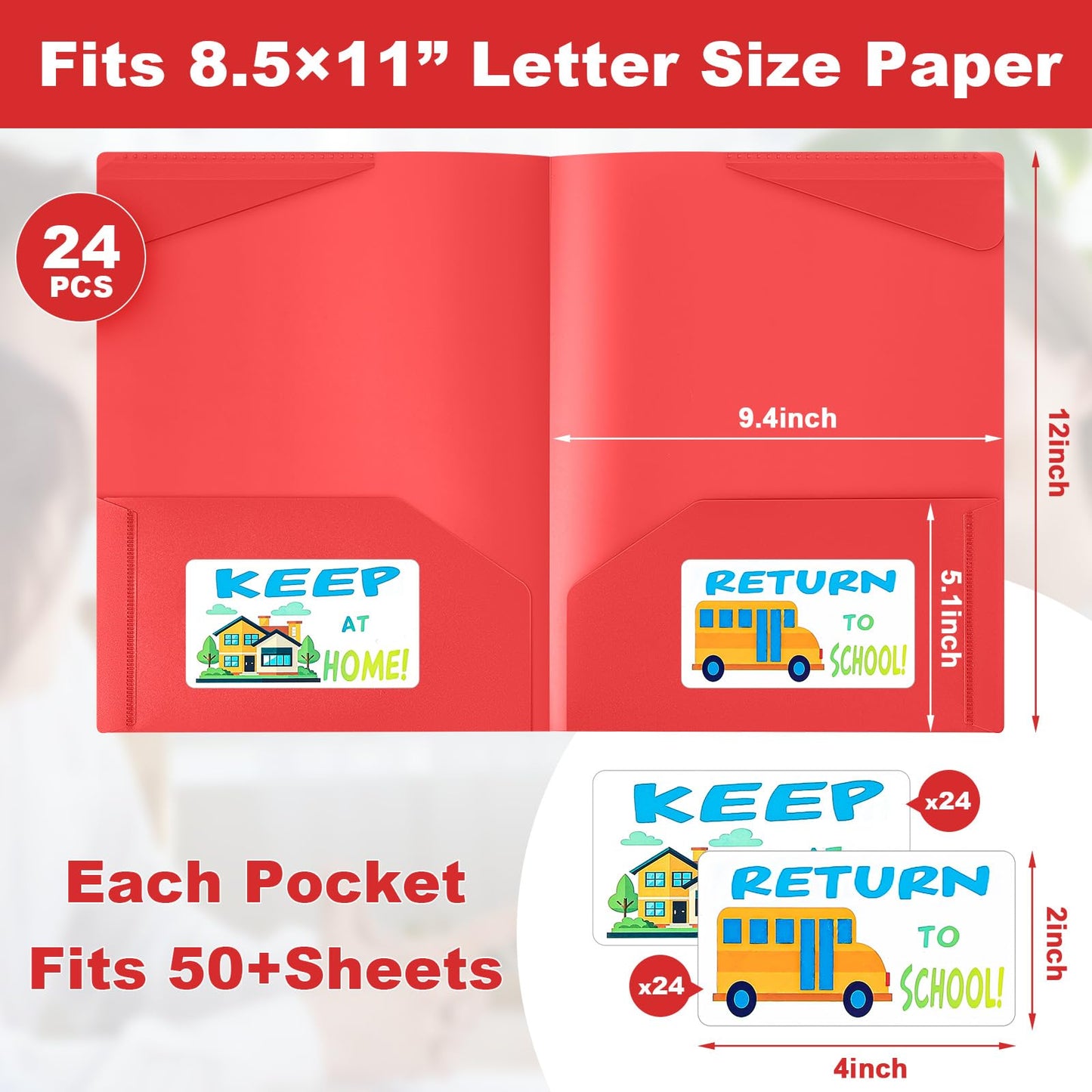 Henoyso 24 Pack Take Home Folders with 2 Pockets and Tabs, Plastic Classroom Communication Homework Folder School-to-Home with Clear Front Pocket for Students Parent Teacher Connector (Red)