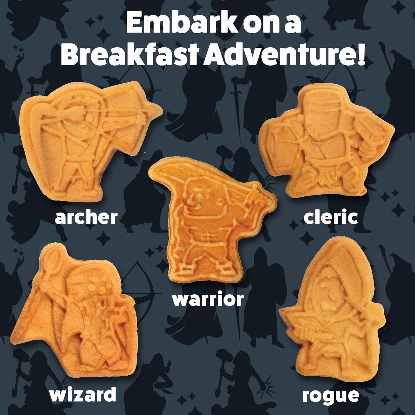 Dungeon Heroes Electric Mini Waffle Maker- Eat Wizards Fighters Clerics for Morning Breakfast Fun- Novelty Pancakes in Minutes, Non-Stick Fantasy Dragon for Tabletop Gamers- Great Waffler Novelty Gift