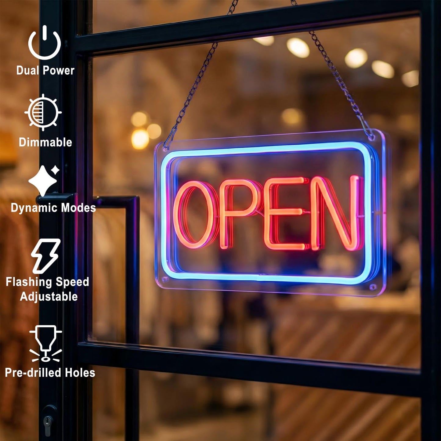 iDecoMart 16 Inch LED Open Sign, Ultra Bright 5 Modes Neon Open Sign with 5 Levels Dimmable, USB & Battery Powered Light Up Sign for Business Window Storefront Cafe Bar