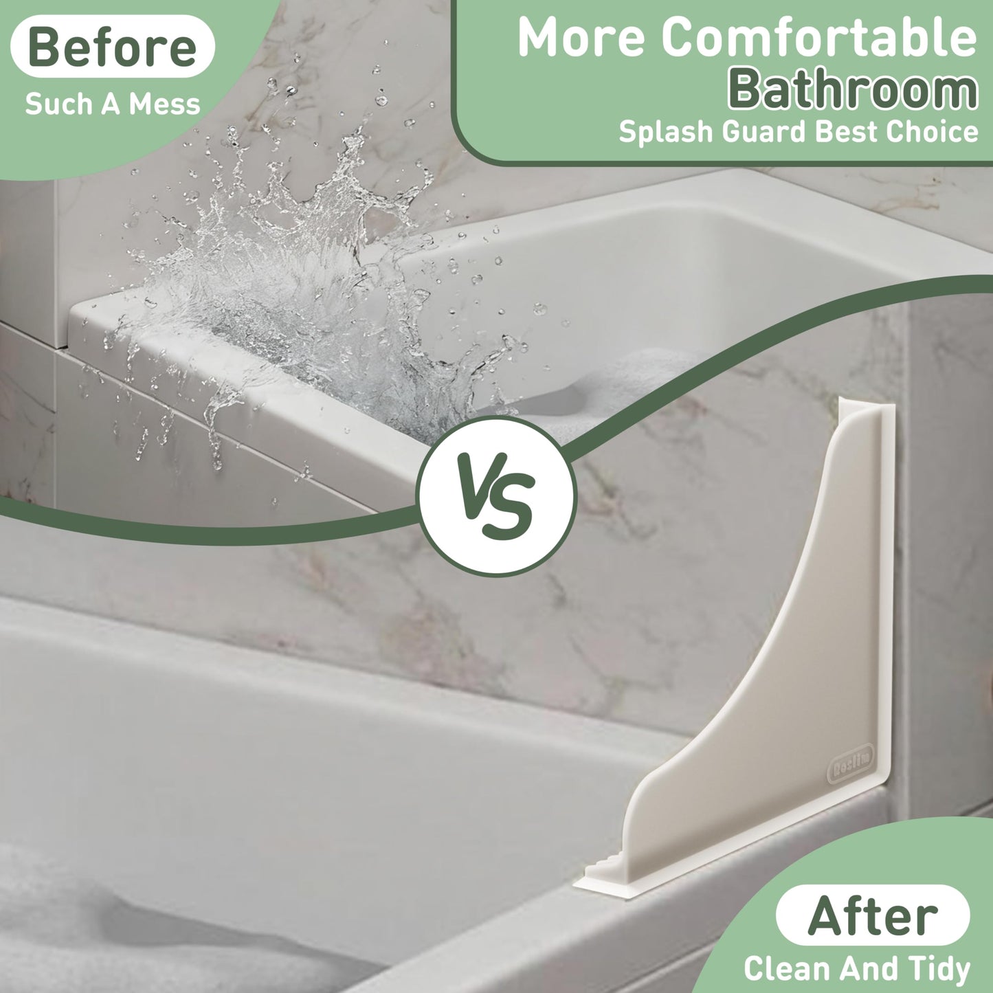 Roslim Shower Corner Splash Guard 2 Pack, No-Adhesive Silicone Water Splash Guard with Suction Cups for Bathtub & Walk-in Shower, Reusable Corner Water Blocker Keeps Water Off Floor, White
