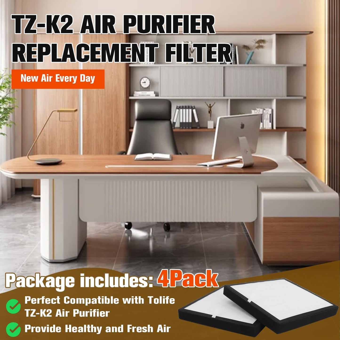 TZ-K2 Air Purifier Replacement Filter, H13 True HEPA & Activated Carbon, Compatible with ToLife TZ-K2 Air Cleaner – 4-Pack Filters with Cleaning Brush by MCCKLE