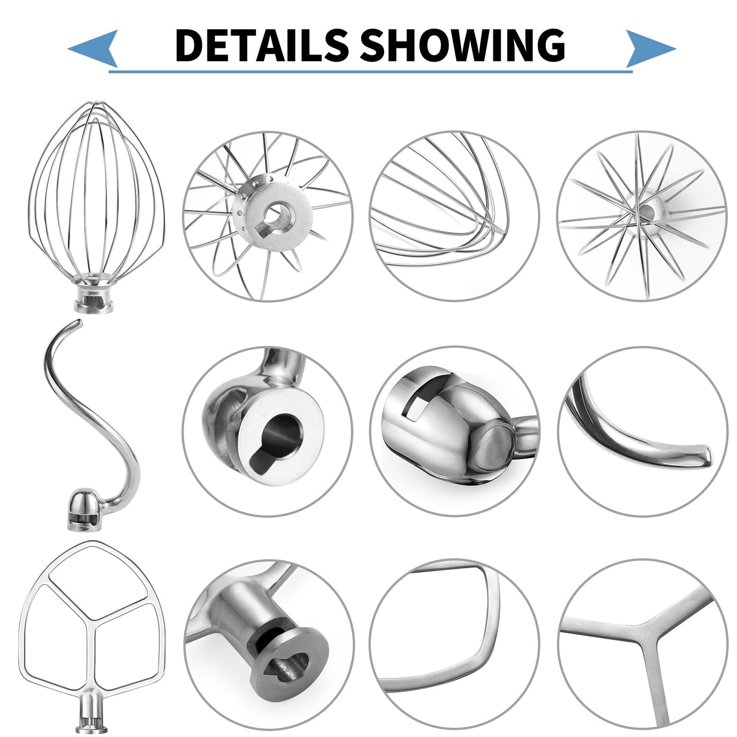 Stainless Steel 3 Piece kit Attachments，Dough Hook 6 Wire Whisk Flat Beater Compatible with KitchenAid 5 Plus -6QT Mixer，Bowl Lift Stand Mixer Accessory，Rust Resistant，Dishwasher Safe