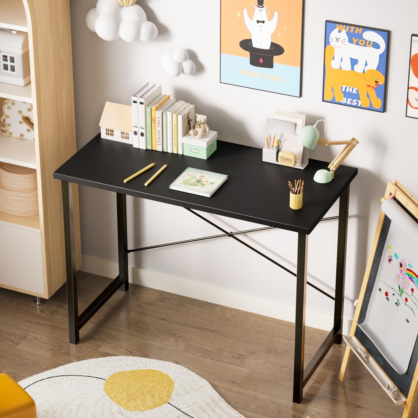 Sweetcrispy Small Computer Office Desk 40 Inch Student Study Writing Work with Metal Frame Wood Tabletop Modern Simple Home Bedroom PC Table - Black, Compact Sturdy Desk for Laptop, Study, Gaming