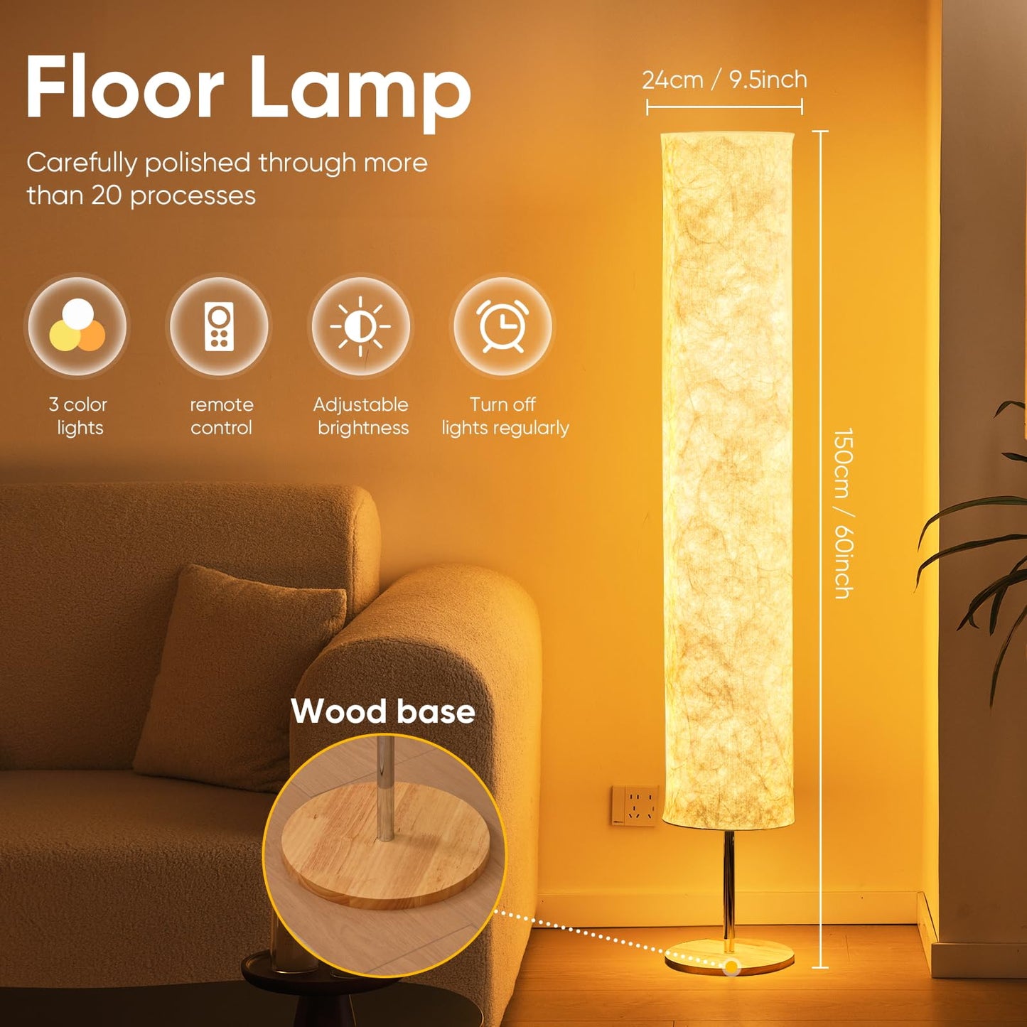 LONRISWAY 58" Soft Light Floor Lamp 3 Color Lighting Remote Control LED lamp with Tyvek Fabric Shade Column Paper Floor lamp,Brightness Adjustable for Living Room Bedroom Game Room