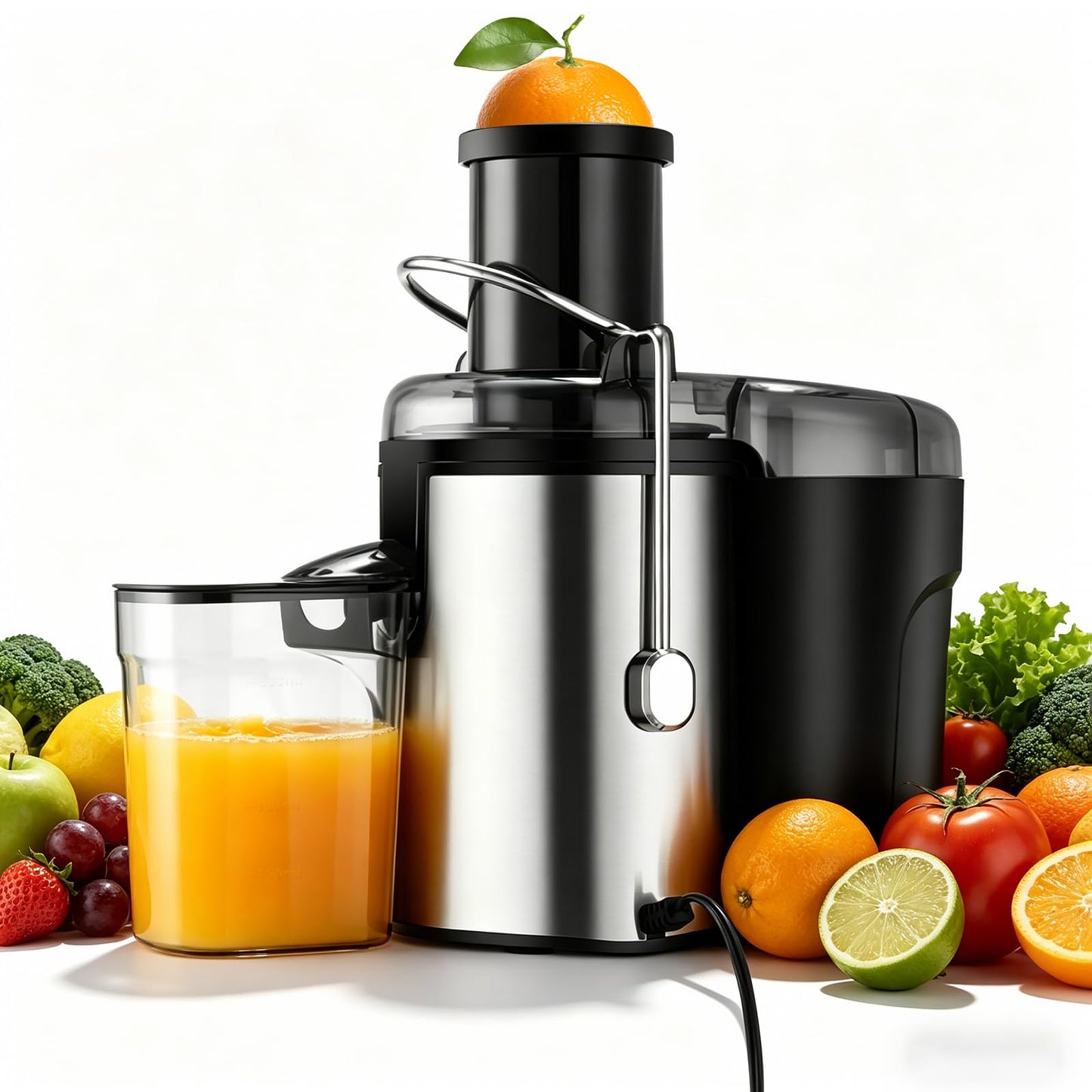 Panana Centrifugal Juicer Extractor with Wide Mouth 2.5” Feed Chute for Fruit Vegetable, Easy to Clean, Stainless Steel, BPA-free (Silver)