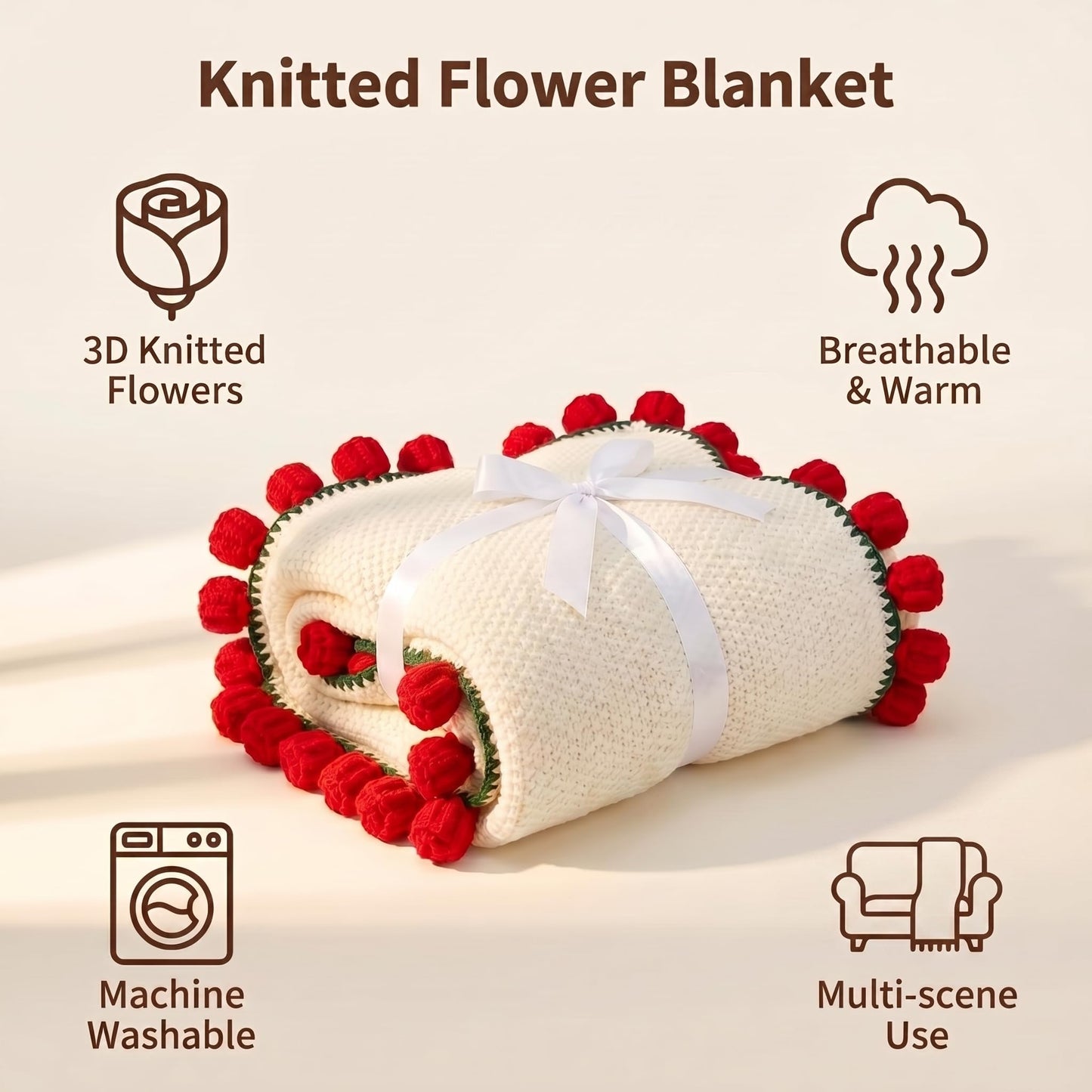UODOR Flower Bouquet Blanket,Crochet Flower Bouquet Blanket Handmade, for Mother's Day, Valentine's Day, Birthday, Mom Grandma Home Sofa Decor (Finished Product) (Red, Small（31X31inches）)