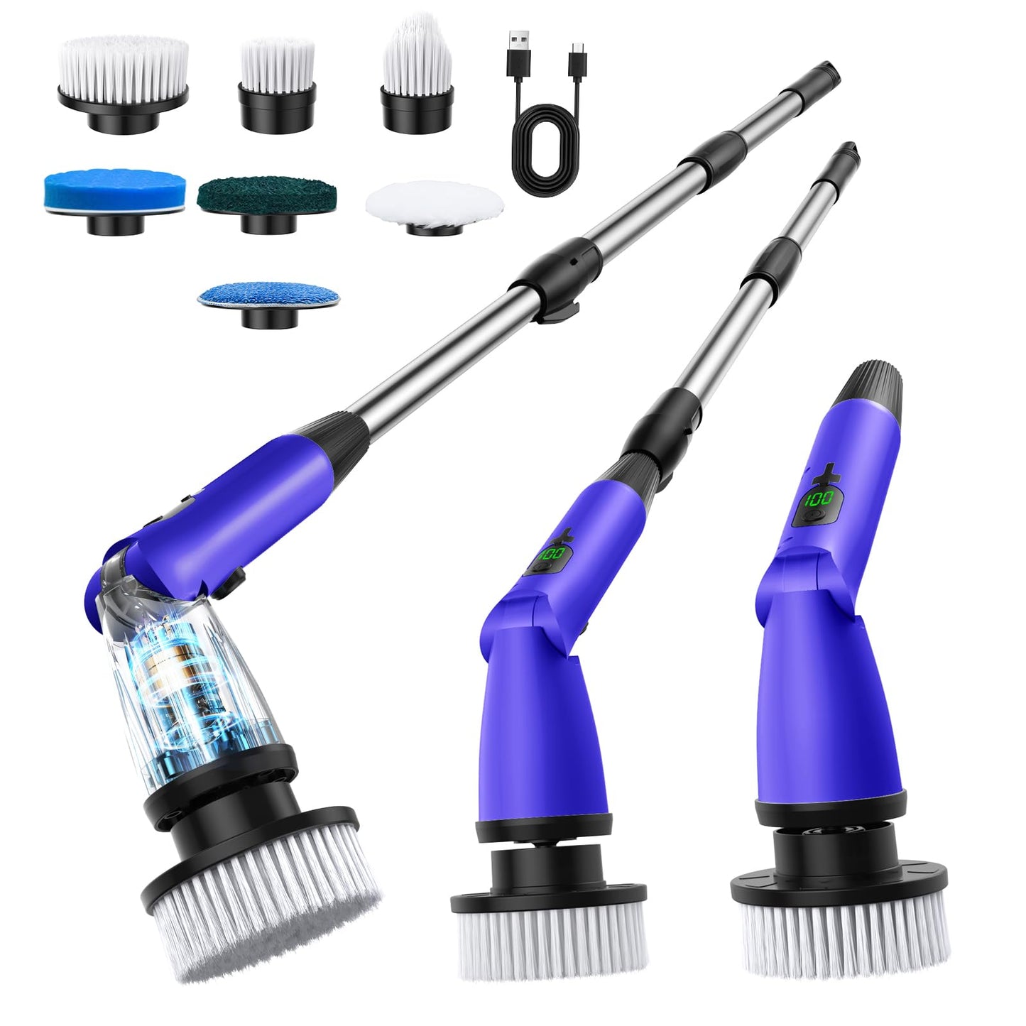 11 in 1 Electric Spin Scrubber Cordless Cleaning Brush 3 Adjustable Angles 2 Adjustable Speeds LED Display Shower Cleaner Brush Supplies Extension Long Handle for Bathroom Floor Tile Toilet Waterproof