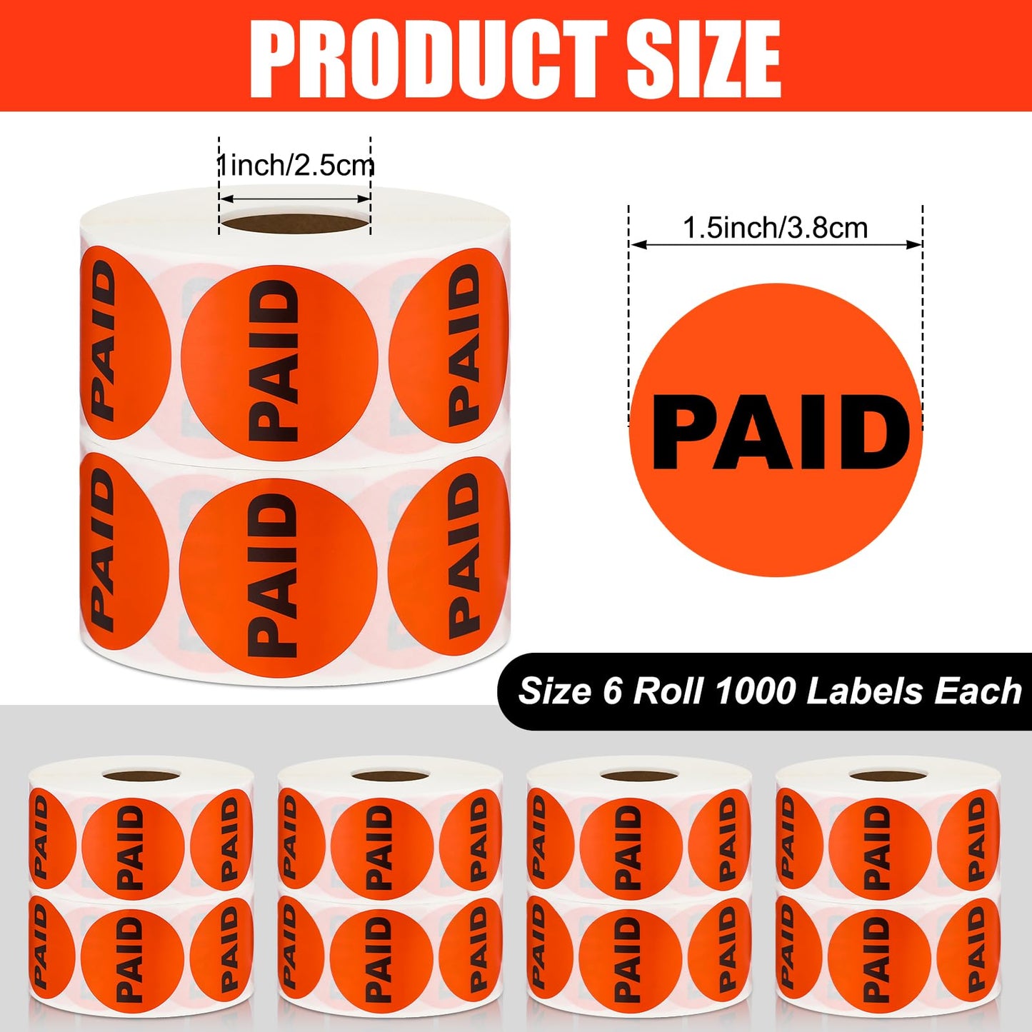 Watersay 6000 Pcs Paid Stickers 1.5 Inch Round Retail Sale Easy to Apply Adhesive Labels Circle Paid Stickers for Supermarket Sale Store Supplies Small Business Shop Supermarkets, 6 Rolls