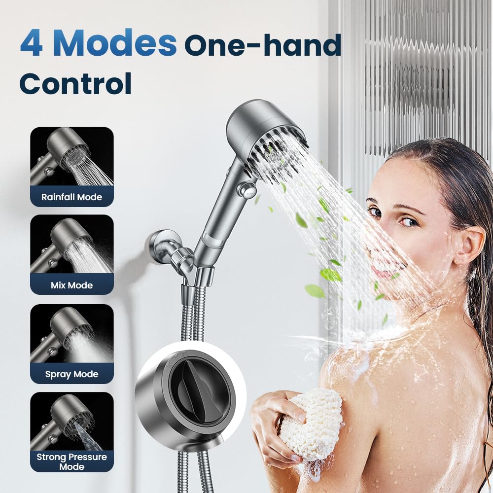 JOMST Filtered Shower Head with Handheld,High Pressure Shower Head 4 Spray Modes,ShowerHead with ON/OFF Switch for Pets,Built-in Power Wash to Clean Tub,Shower Heads Combo with Stainless Steel Hose