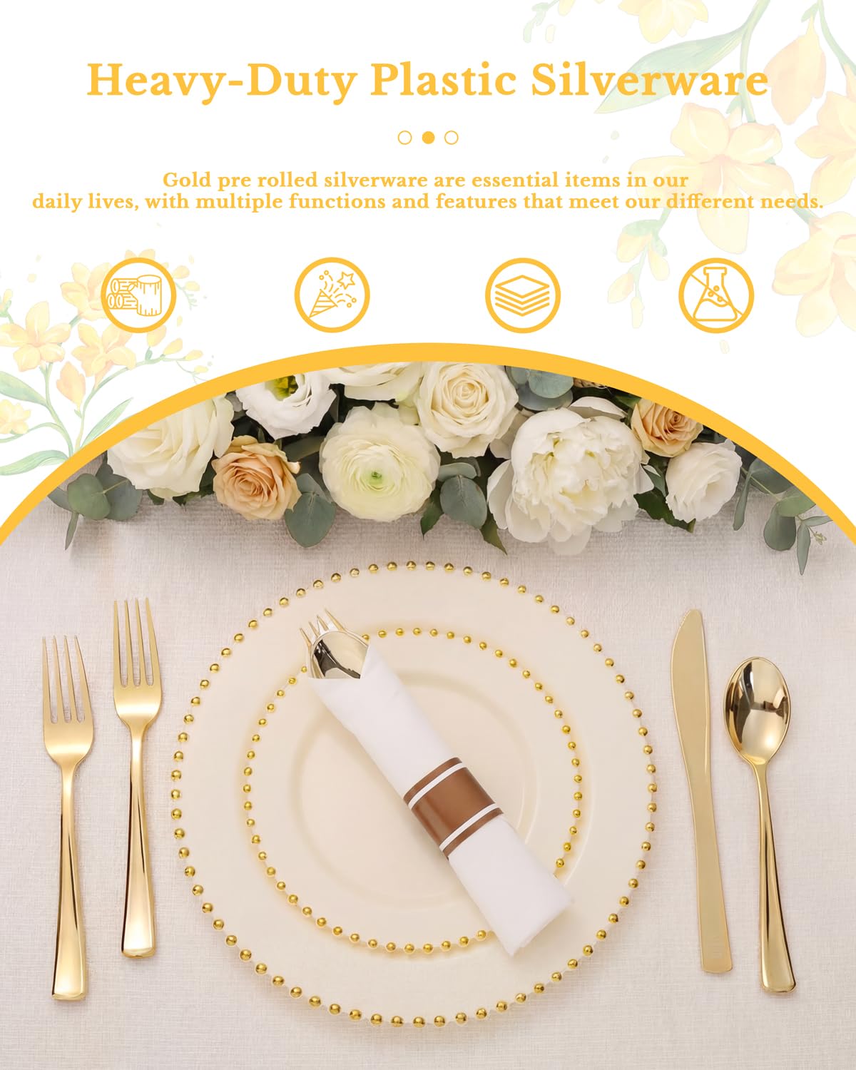 Supernal 240 Pcs Pre Rolled Napkins with Gold Plastic Silverware - 60 Sets Elegant Disposable Wrapped Cutlery: Heavy Duty Gold Forks, Knives, Spoons for Weddings, Parties, & Catering Events