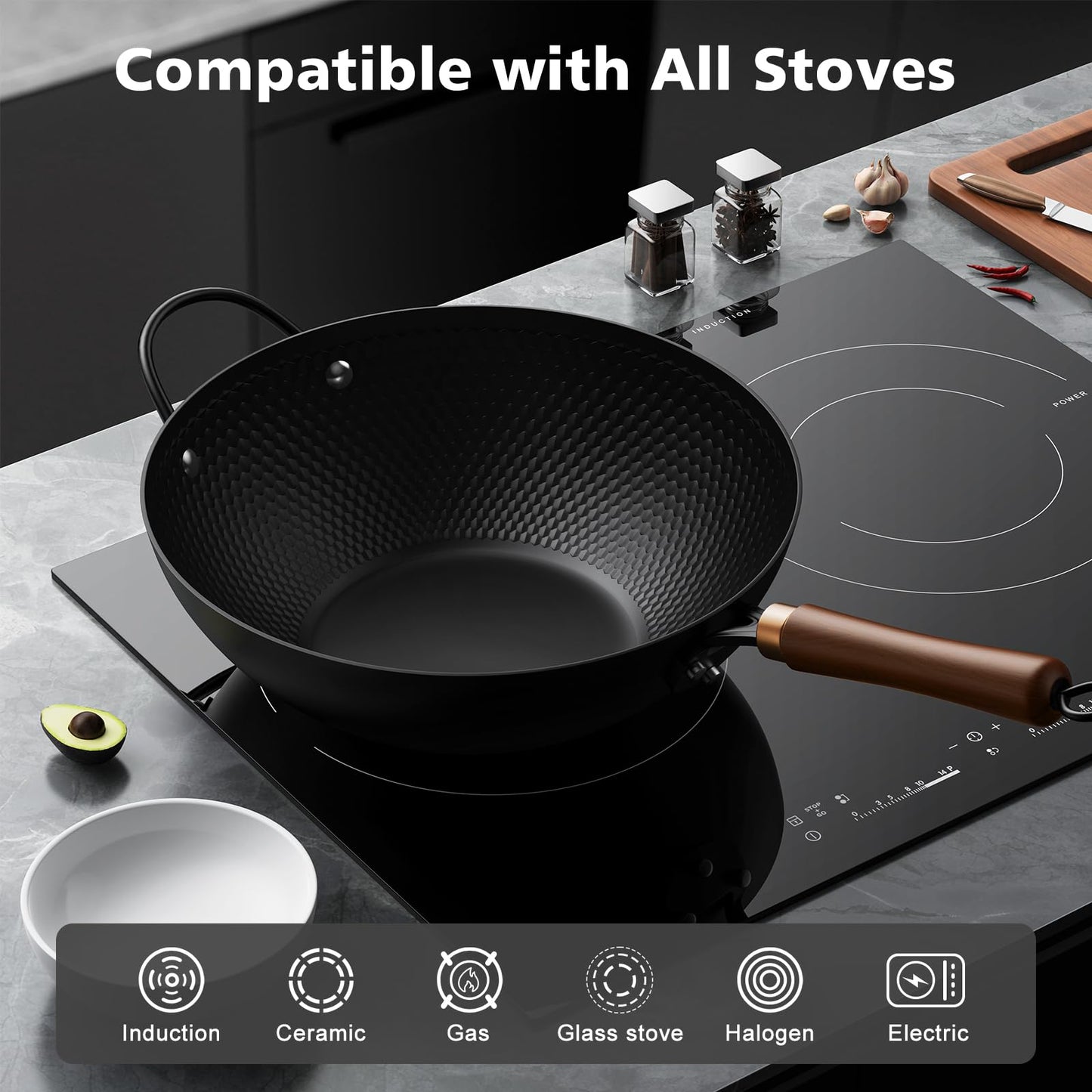 Todlabe 13-Inch Carbon Steel Wok Pan with Glass Lid, Naturally Nonstick Pre-Seasoned Woks & Stir-Fry Pans, No Chemical Coating, Flat Bottom for Induction, Gas, Electric, Halogen & All Stoves