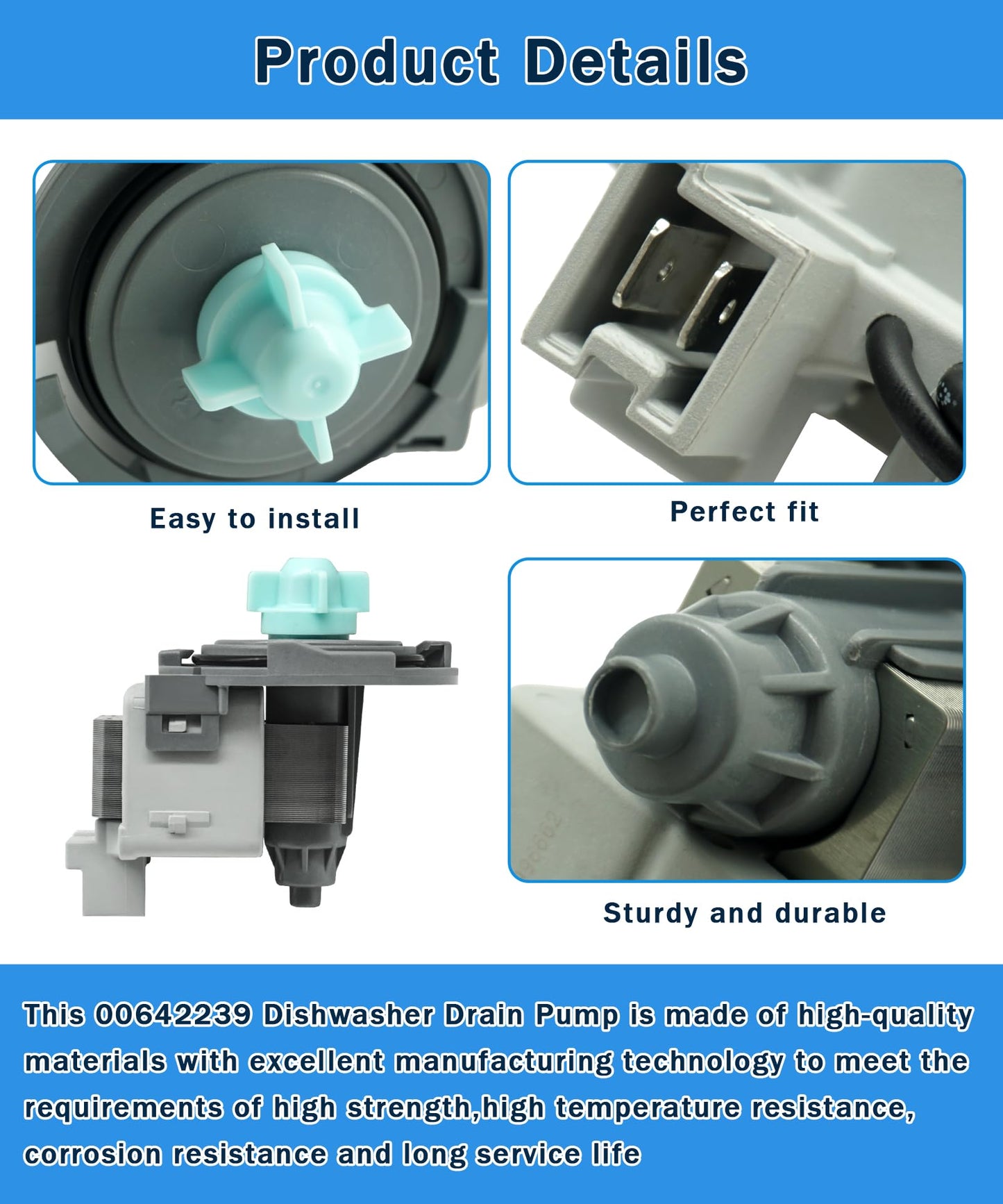 00642239 Dishwasher Drain Pump Fits For Bosch Kenmore Thermador Dishwasher,Replaces 00184178,184178,642239,1387293,AH3479214,AP3996662,EA3479214,EAP8729769,PD00000083,PS3479214,PS8729769