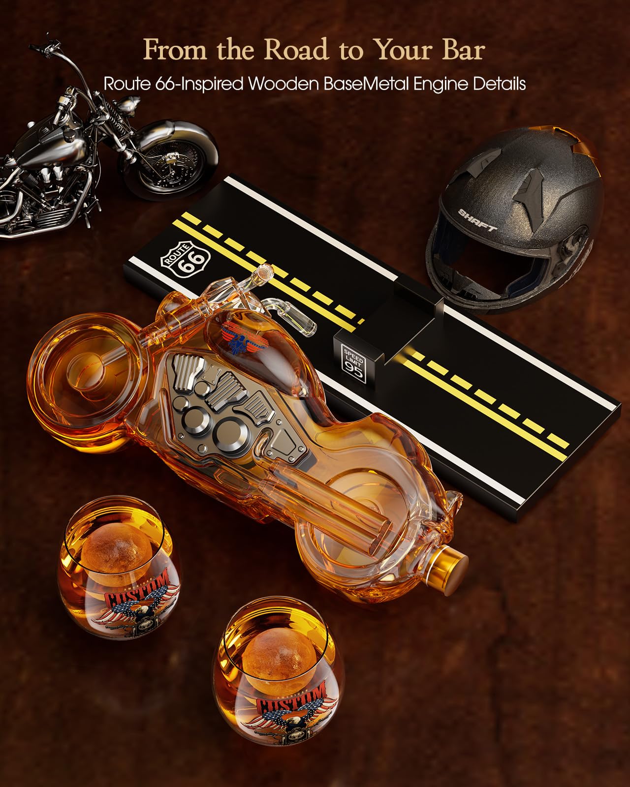 Kollea Birthday Gifts for Men Dad, Motorcycle Whiskey Decanter Set with 2 Glasses, Liquor Dispenser for Home Bar, Unique Gift for Him, Father, Boyfriend, Anniversary, Biker & Motor Lover (Flag)