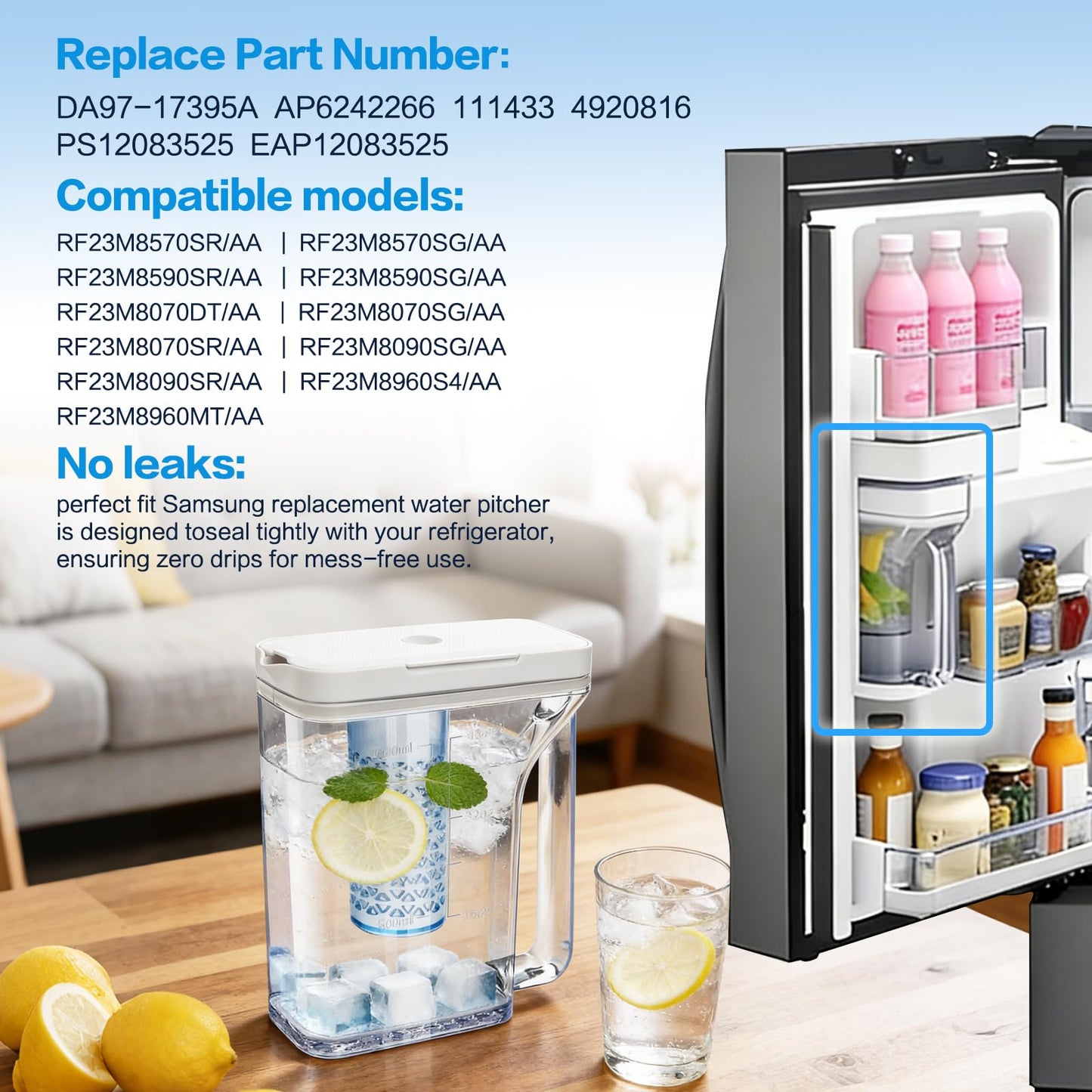 Upgraded DA97-17395A Water Pitcher Reservoir Compatible with Samsung Refrigerators【Food-Grade Durable Material,No-Leak Design】Replacement RF23M8570SR RF23M8090SR samsung refrigerator water pitcher