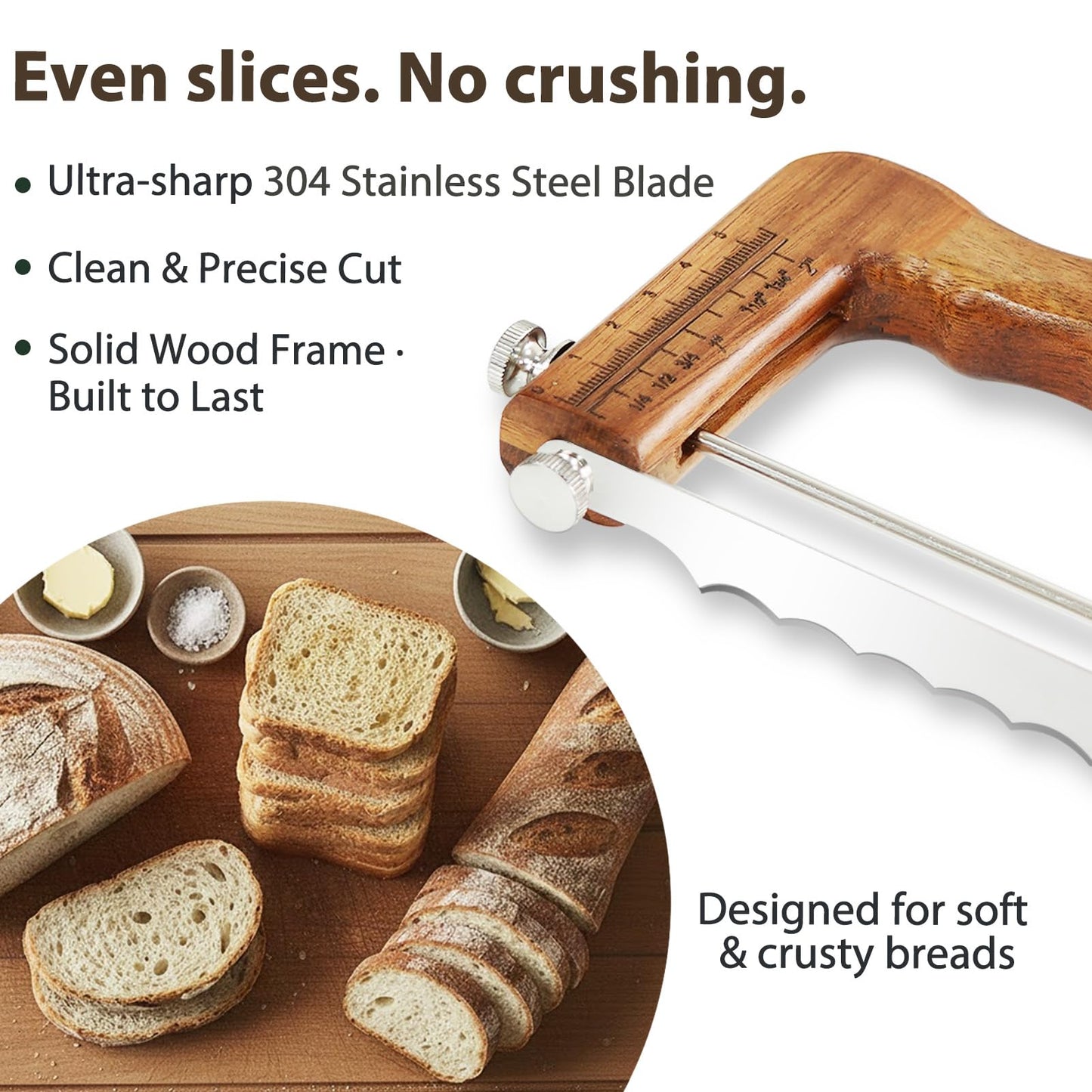 Adjustable Bread Slicer for Sourdough — Precision Homemade Bread Knife with Thickness Guide, Sharp Stainless Serrated Blade, Wooden Frame, Bread Cutter for Baguettes, Gift for Bakers, Mother's Day