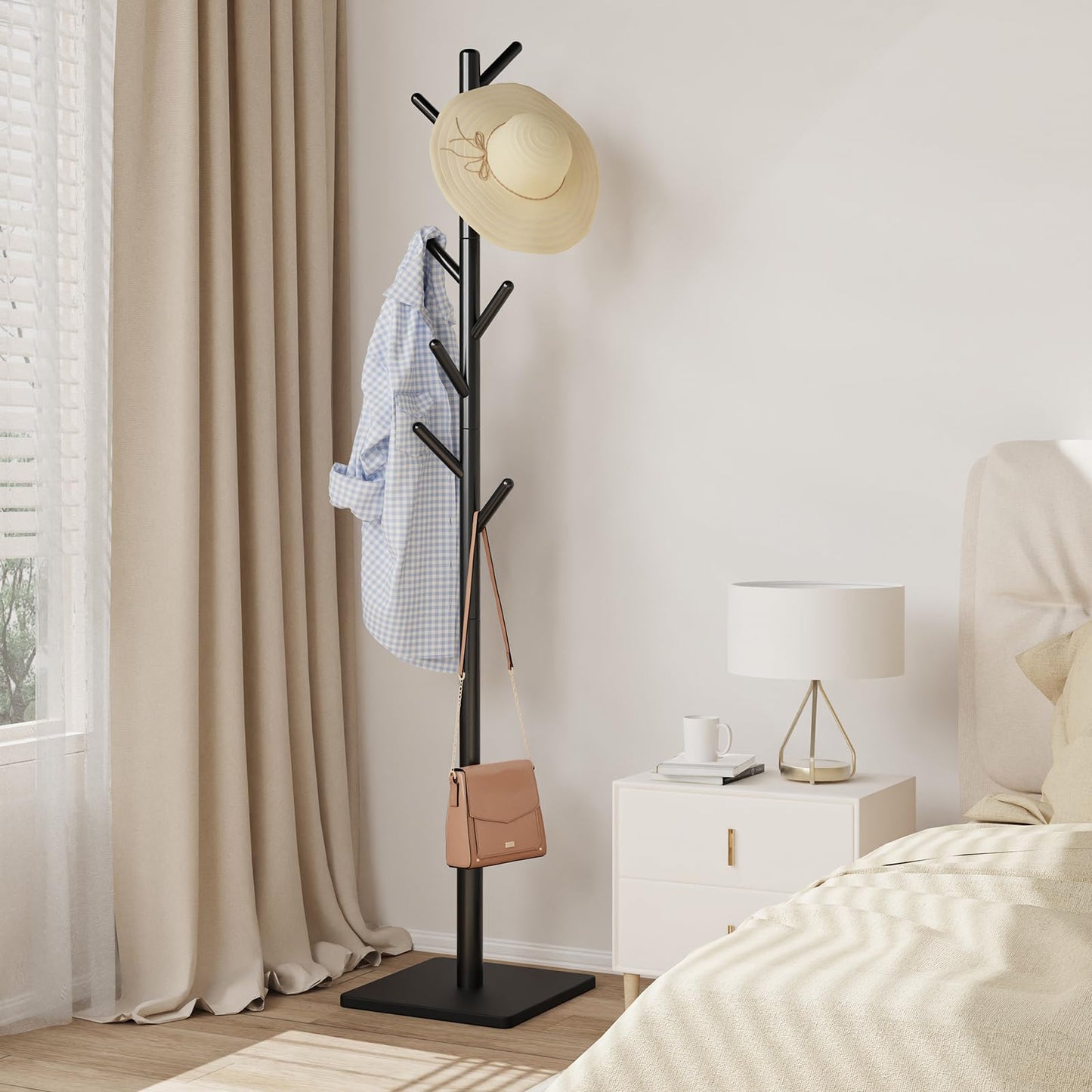 YheenLf Coat Rack Freestanding with Stable Square Base for Cloathes, Hat, Used in Bedroom, Office and Entryway, Sturdy and Easy Assembly Coat Tree with 3 Adjustable Sizes and 8 Hooks, Black